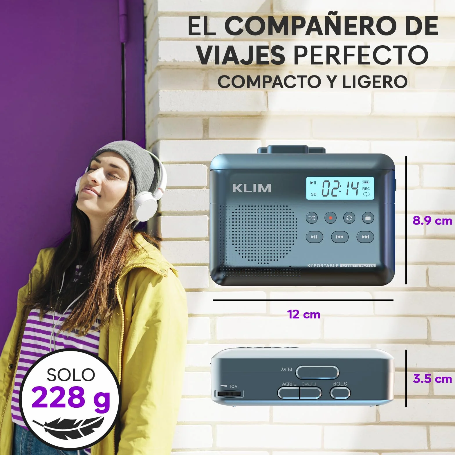KLIM K7 Reproductor Cassette MP3 Portátil Micrófono Altavoz Batería Recargable Auriculares Tarjeta SD 16 GB Azul