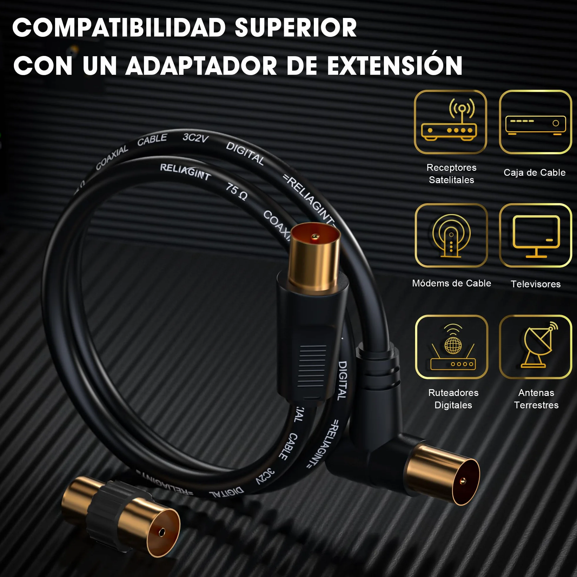 Cable antena TV 0.5m, cable coaxial 75 Ohm IEC 9,5 mm macho a macho 3C2V cobre puro doble blindaje, conector acodado, adaptador hembra a hembra incluido, negro
