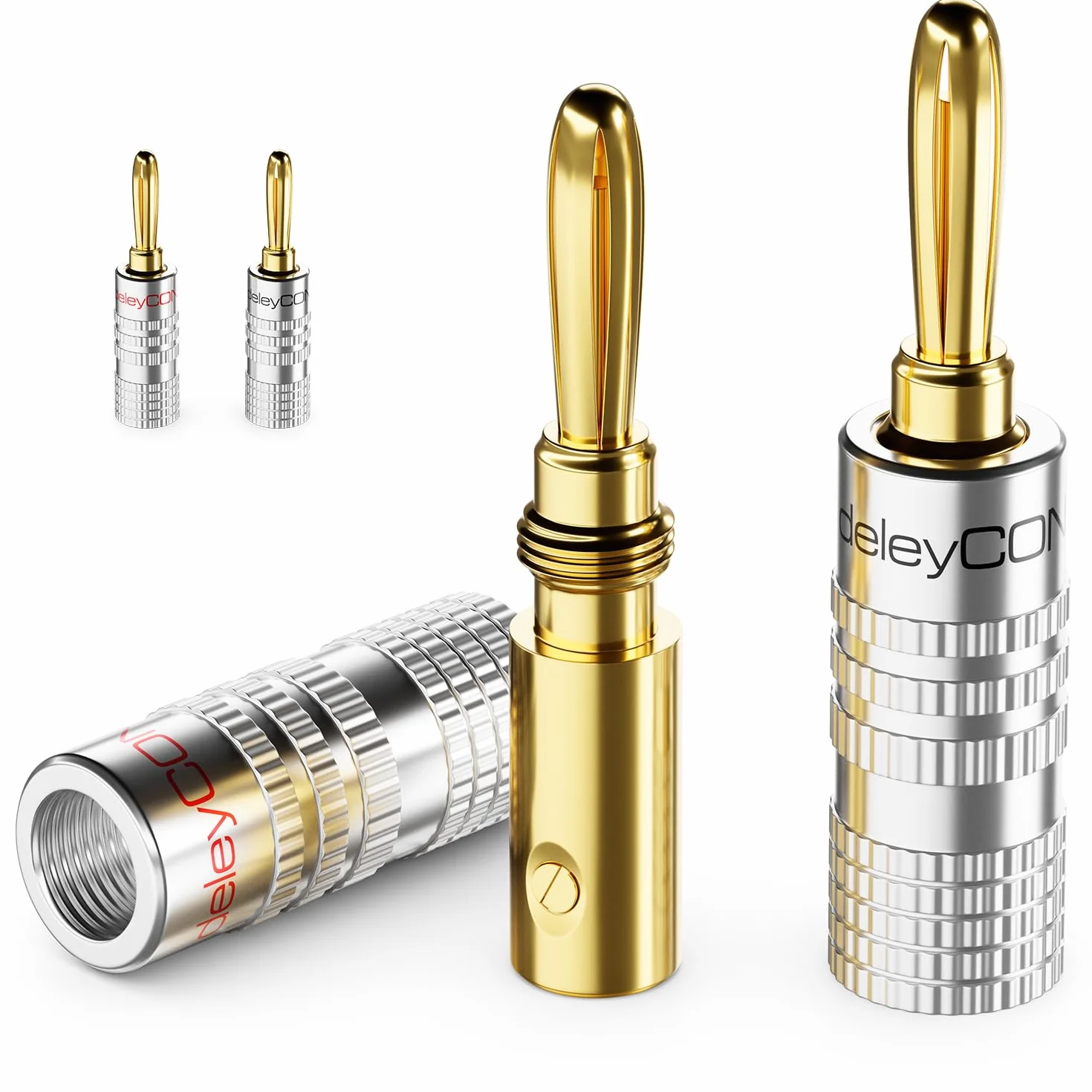 deleyCON 4 Piezas Conectores Tipo Banana en Conjunto - Chapado en Oro Atornillable para Cable de Altavoz 0,75 mm - 4,5 mm & p.ej. HiFi Receptor - Plateado