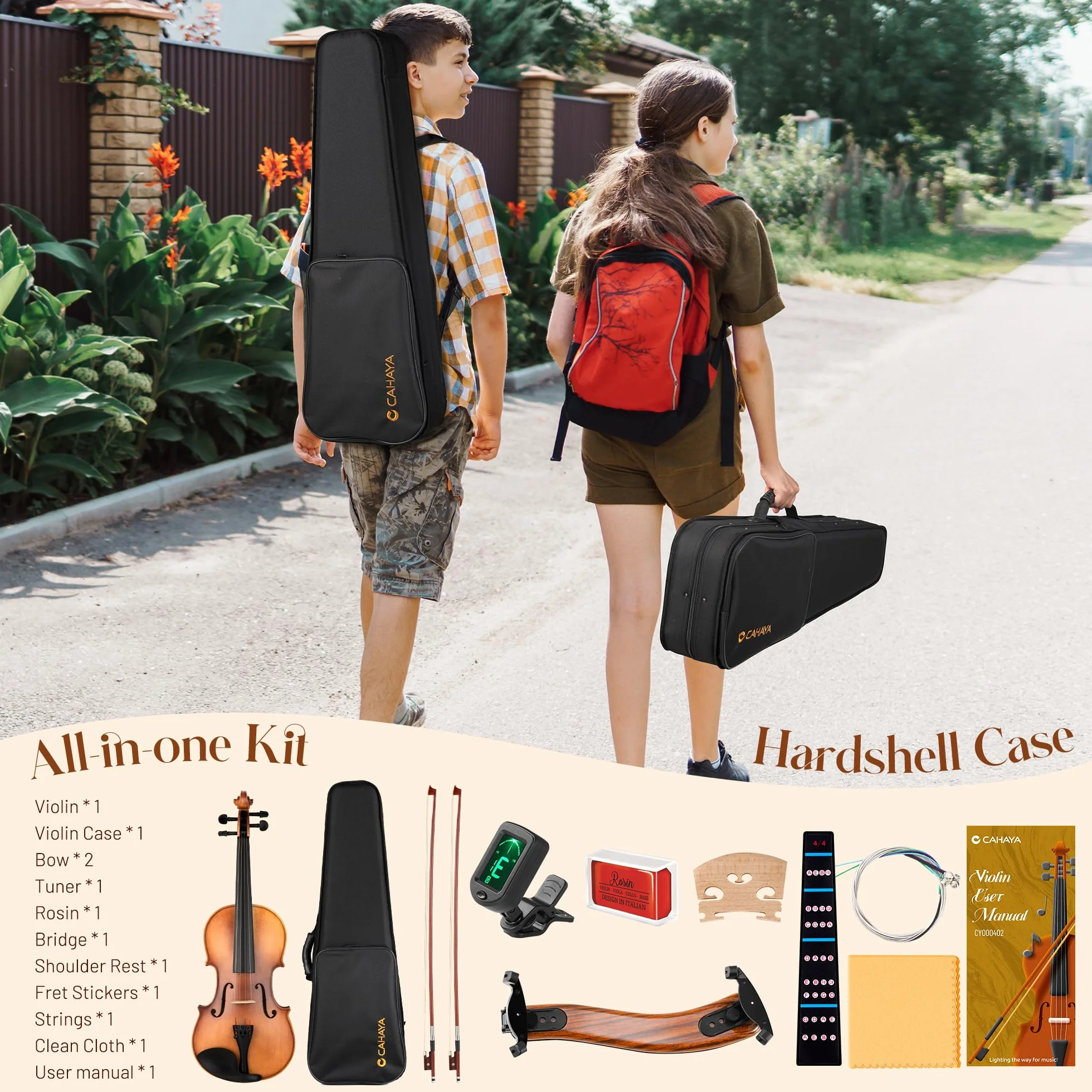 CAHAYA Violín d Madera Maciza Tamaño 4/4 – Exquisita Artesanía Conjunto de Violin con Estuche de Violín Apoya-Hombros Afinador d Resina para Principiantes y Iños arco doble