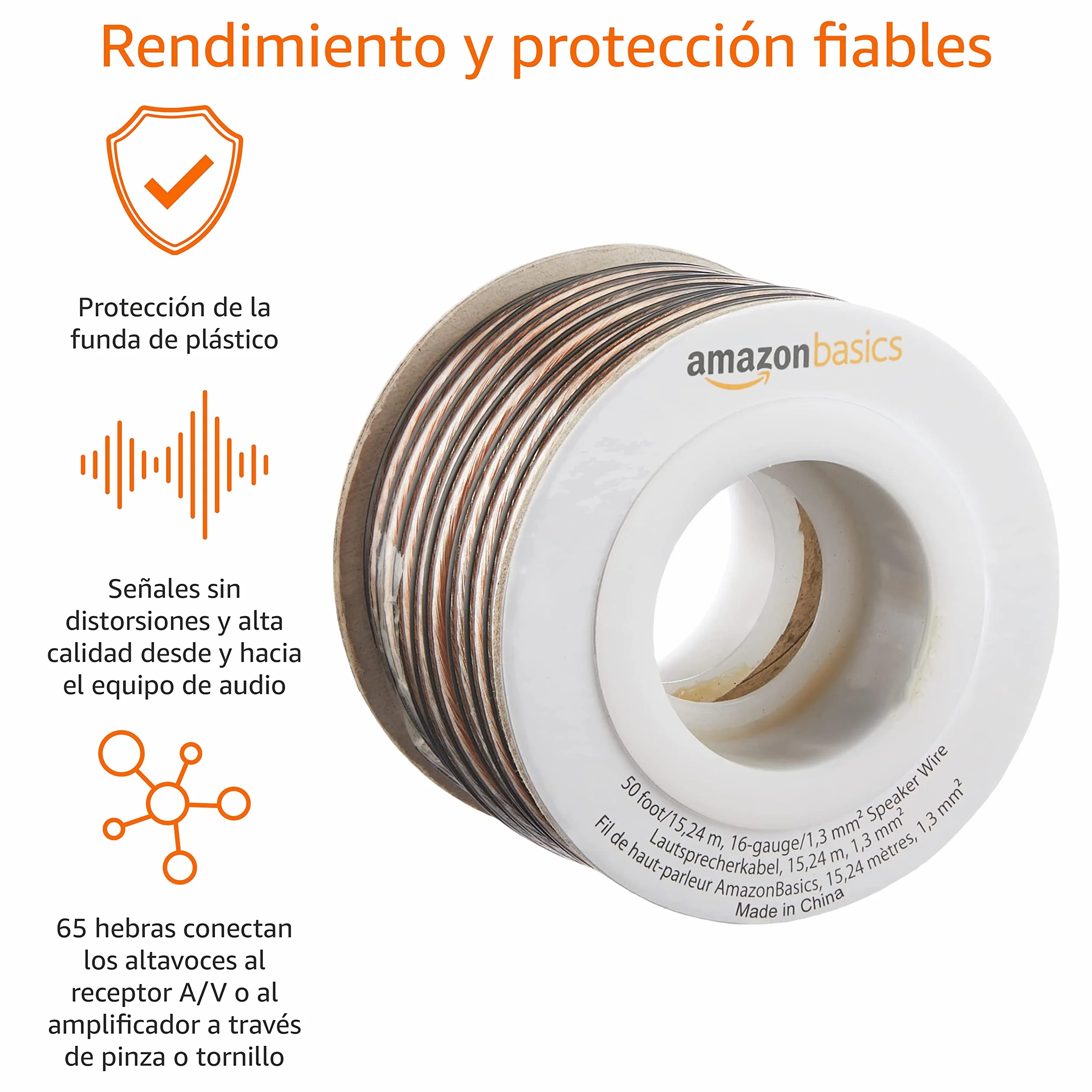 Amazon Basics Cable para altavoz de calibre 16 (50 Feet, 15.24 m, 1.3 mm)