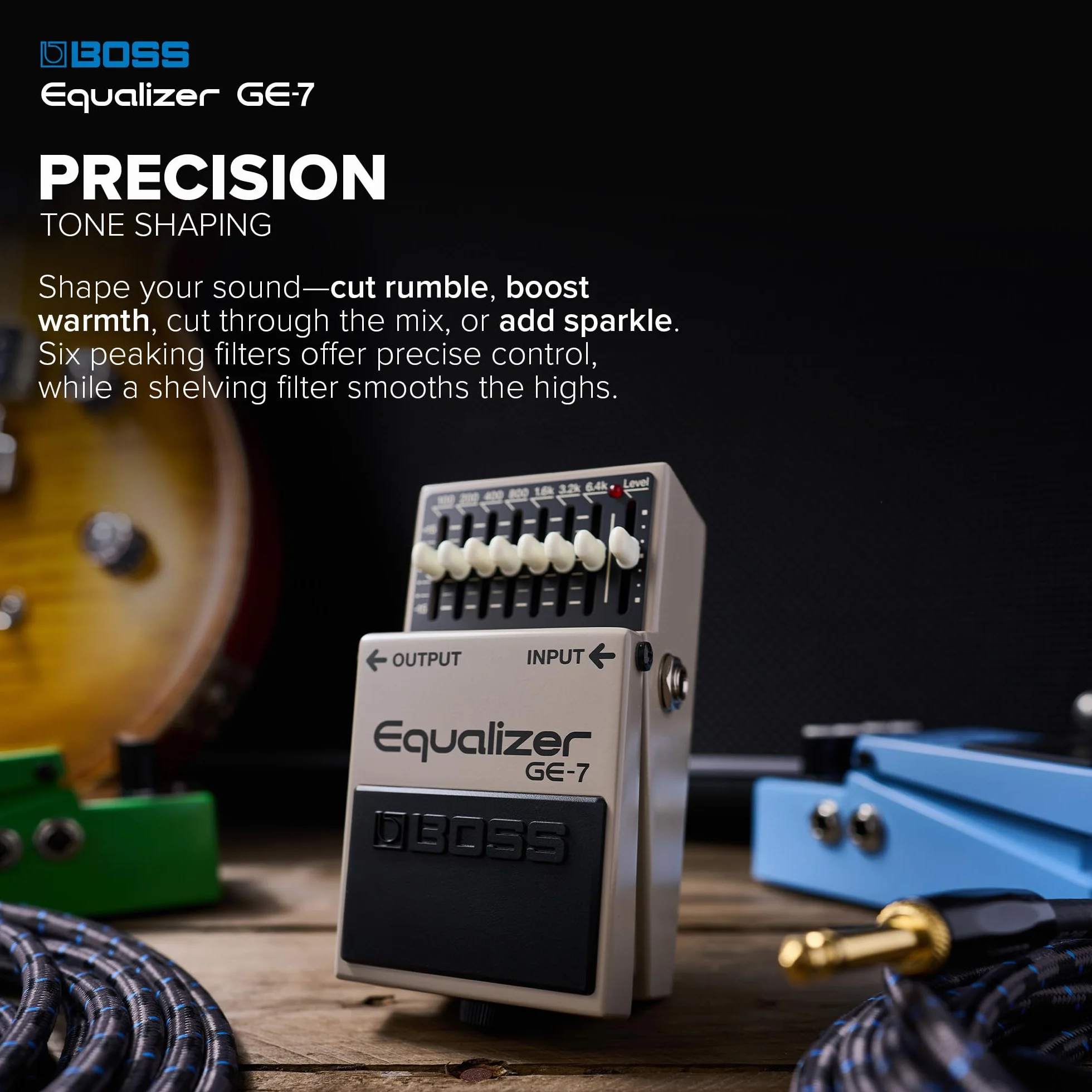 Pedal ecualizador de 7 bandas BOSS GE-7 — Pedal ecualizador compacto de 7 bandas con deslizadores de EQ ajustable