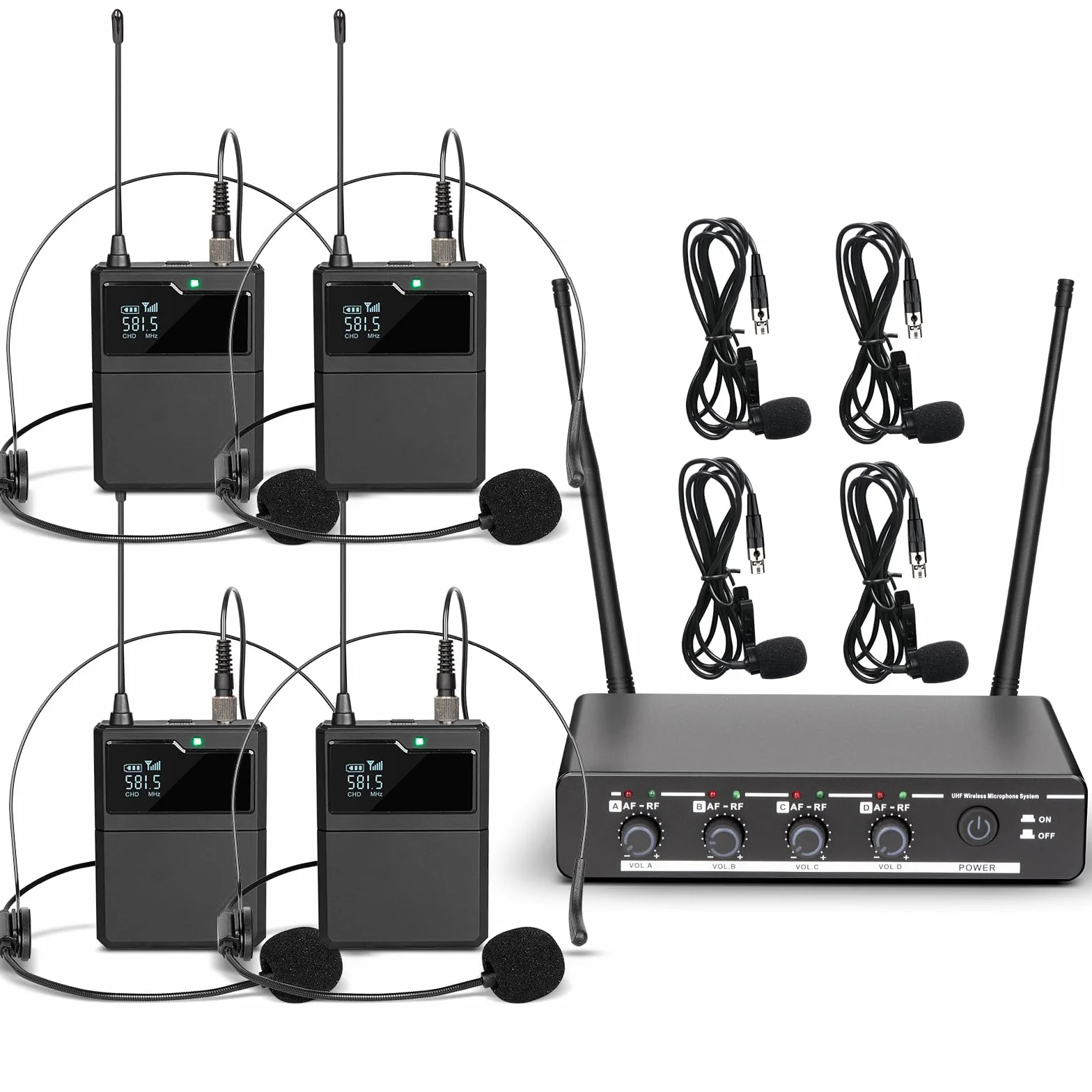 Depusheng R6 Juego de micrófono inalámbrico de 4 Canales con micrófono Lavalier y micrófono Auricular, Receptor de Metal, Ideal para Cantar, Karaoke, Fiestas, Bodas