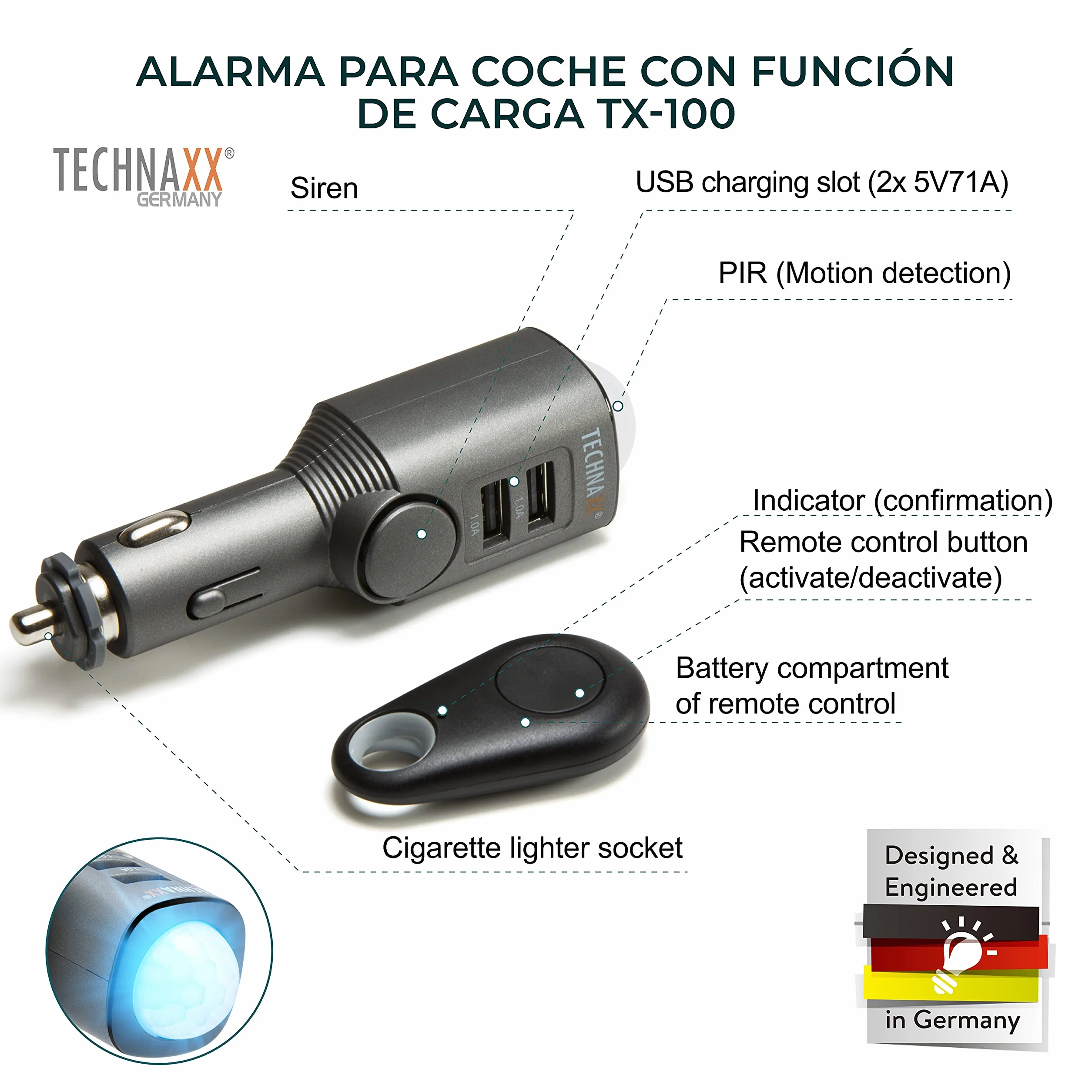 Technaxx Alemania Sensor De Detección De Movimiento Sistema De Alarma De Coche Vigilancia Del Interior Del Vehículo 110dB Sirena Función De Carga 2 Puertos USB TX-100