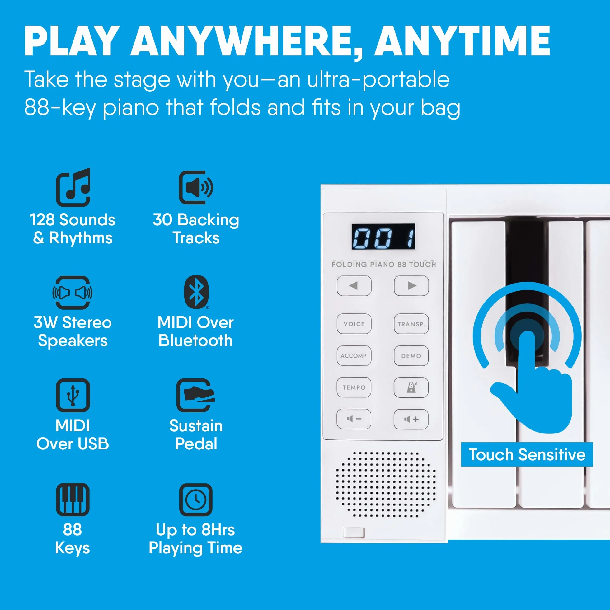 Blackstar BA215011 Carry-on FP-88 - Piano digital plegable portátil con 88 teclas táctiles, color negro, portátil, plegable, controlador MIDI USB con batería recargable