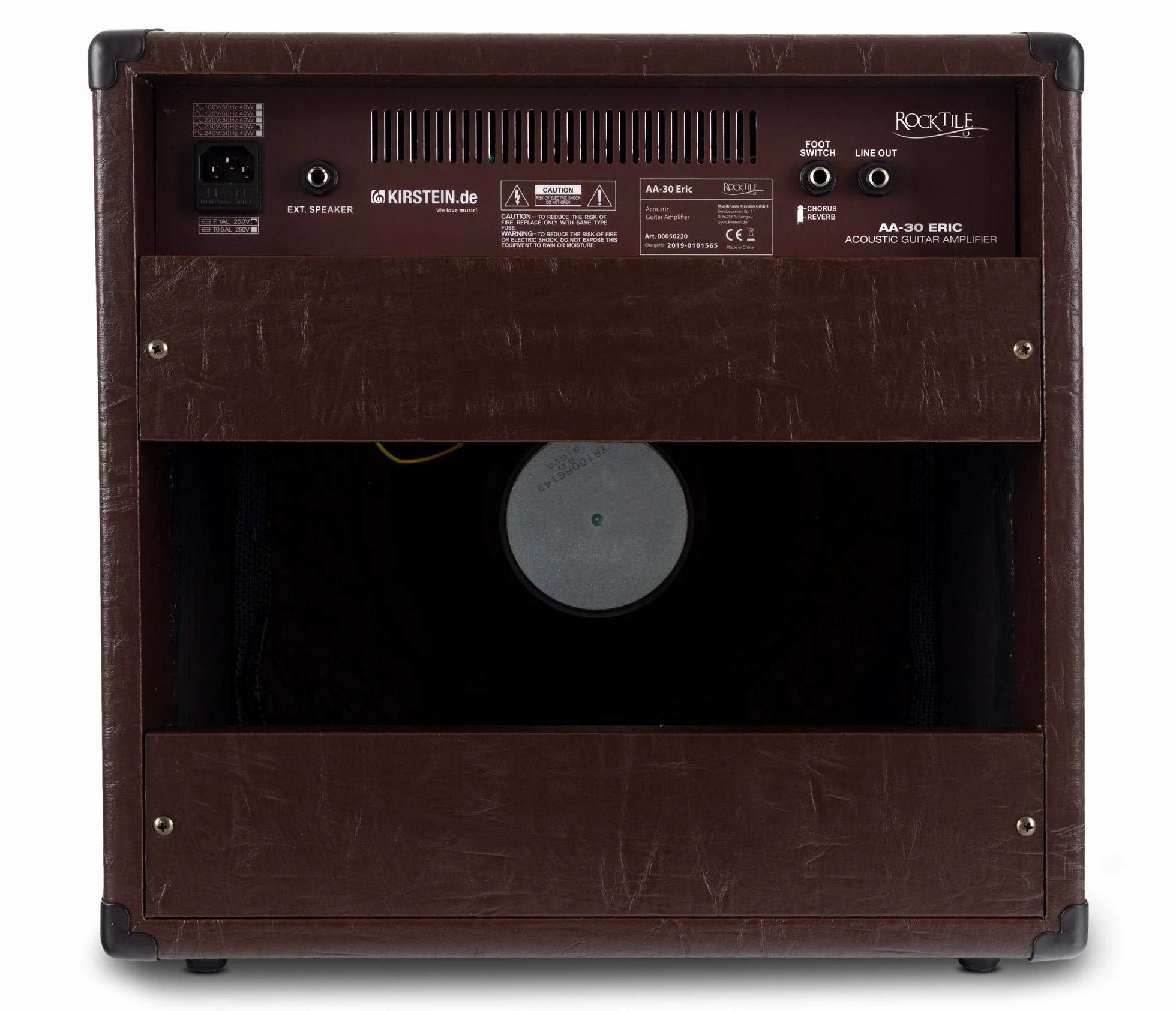 Rocktile AA-30 BN Eric Amplificador Acústico 30W, 2 Canales (Mic y Guitarra), Altavoz 10" + Tweeter 2.5", Entrada AUX, Salida línea, Efectos Chorus y Reverb, Color marrón.