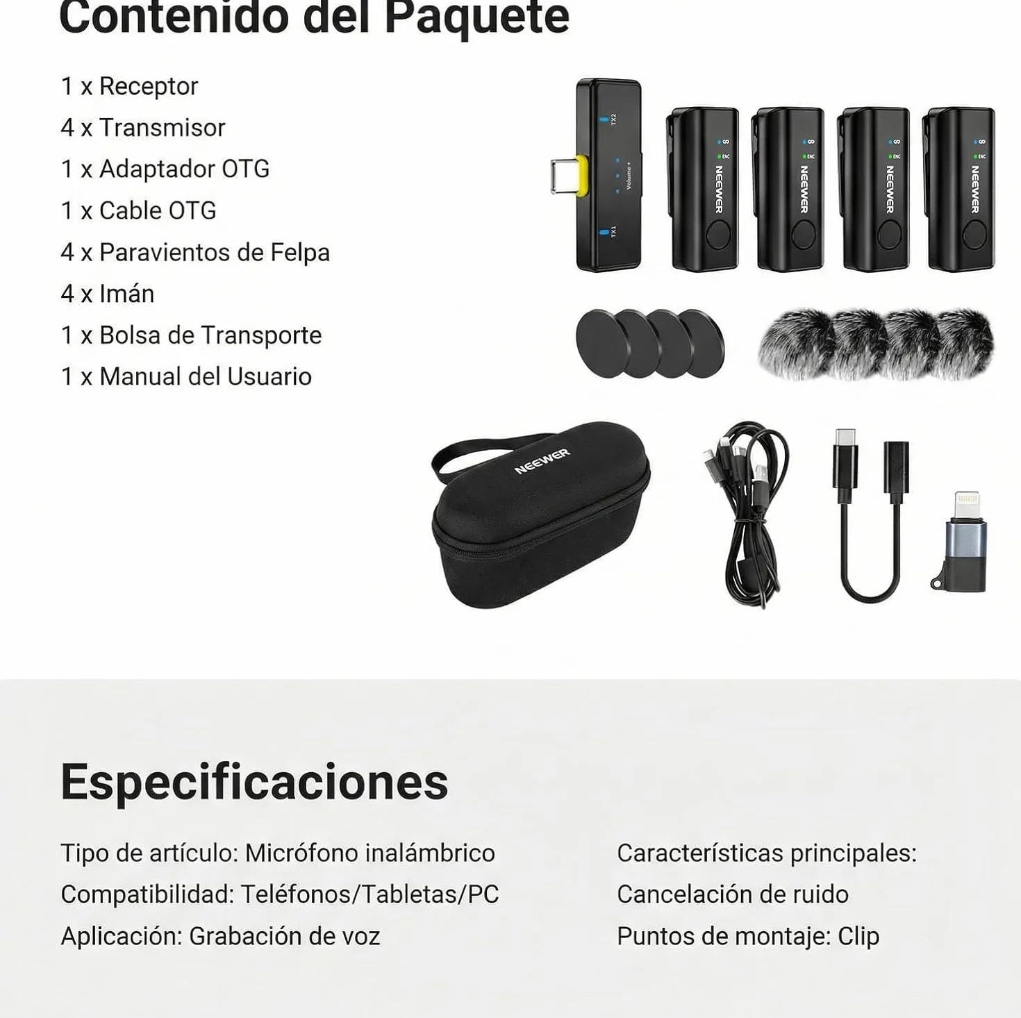 NEEWER KM23C Micrófono Solapa Inalámbrico Compatible con iPhone Android Tablet PC Laptop, Omnidireccional 48K/24Bit 20-20KHZ AI Cancelación Ruido Silenciador 70m Alcance 32h Batería (1x RX + 4X TX)