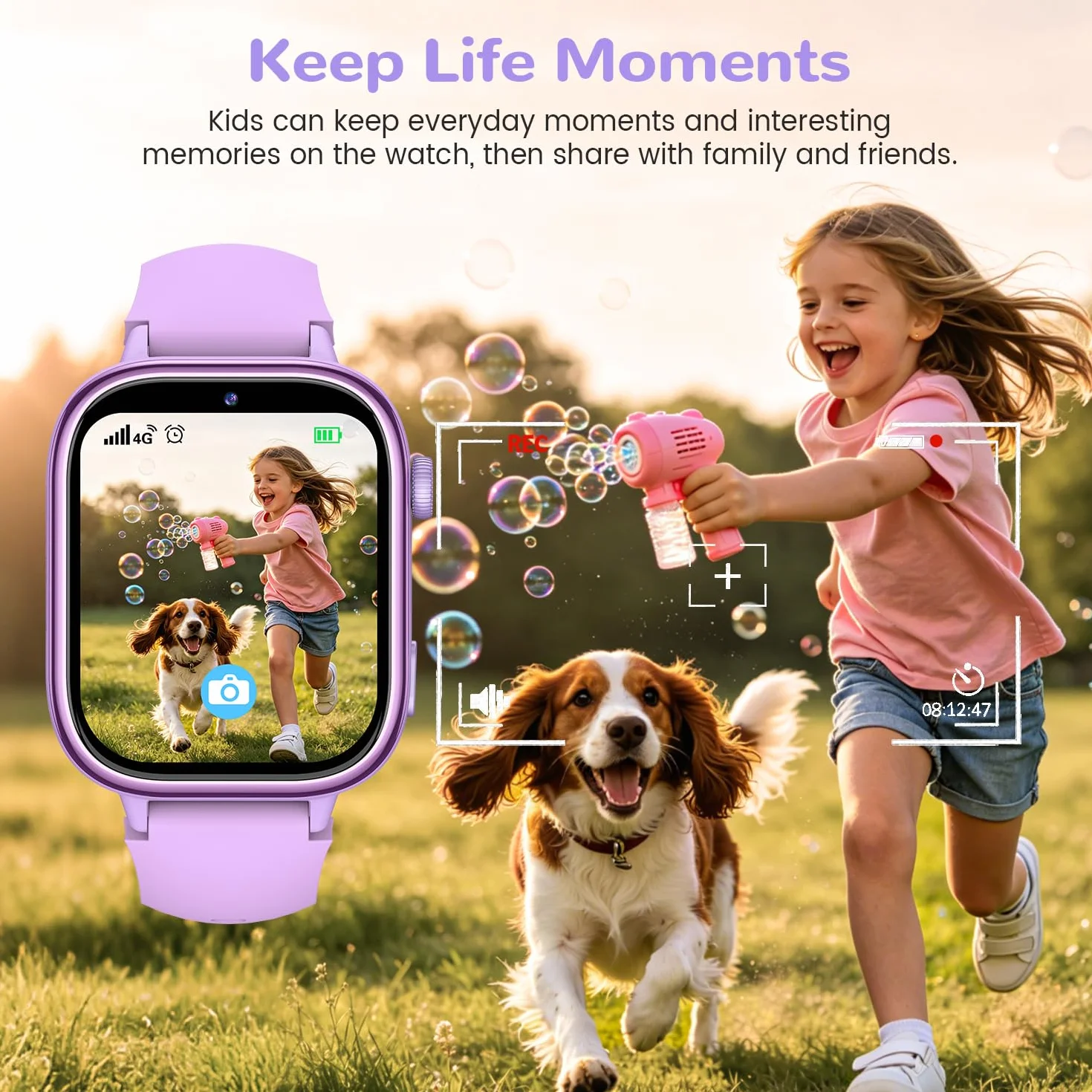 4G Reloj Inteligente Niños con GPS y Videollamada, Smartwatch Niños con Llamadas, Chat de Voz, SOS, Modo Escuela, IP68 Impermeable, Podómetro, Despertador, Cámara, Regalo Niñas y Niños de 4-15 Púrpura