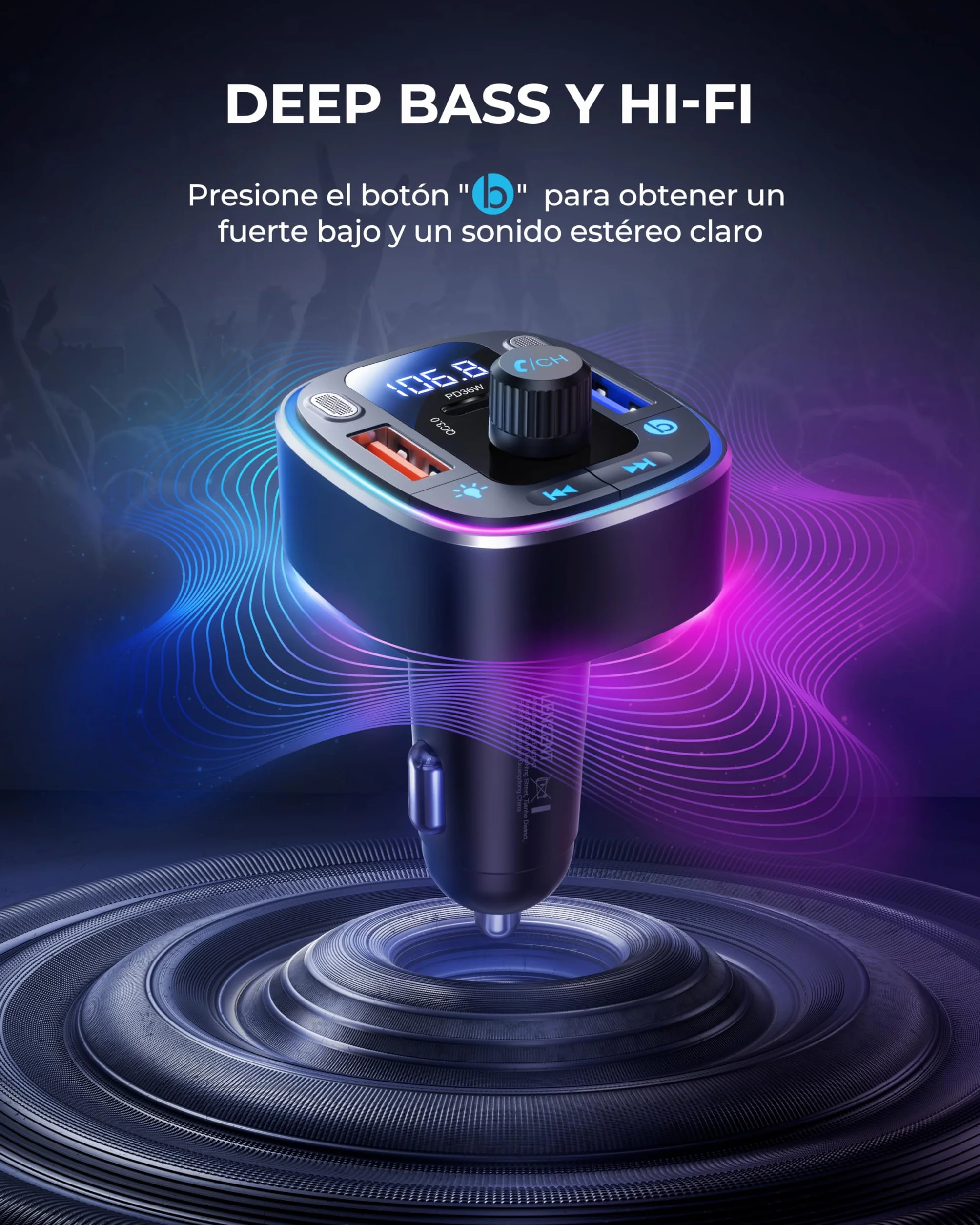 LENCENT Transmisor FM Bluetooth 5.4 Manos Libres Coche con Carga Rápida PD 36W QC3.0