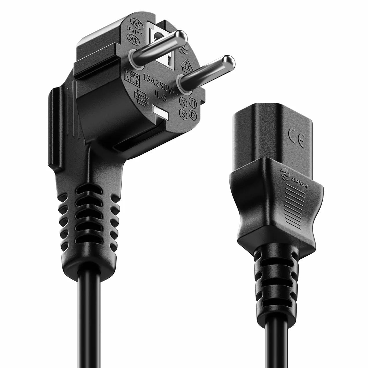 deleyCON 2m Cable Alimentación Tipo F (CEE 7/7) 90° Acodado a C13 Hembra Negro