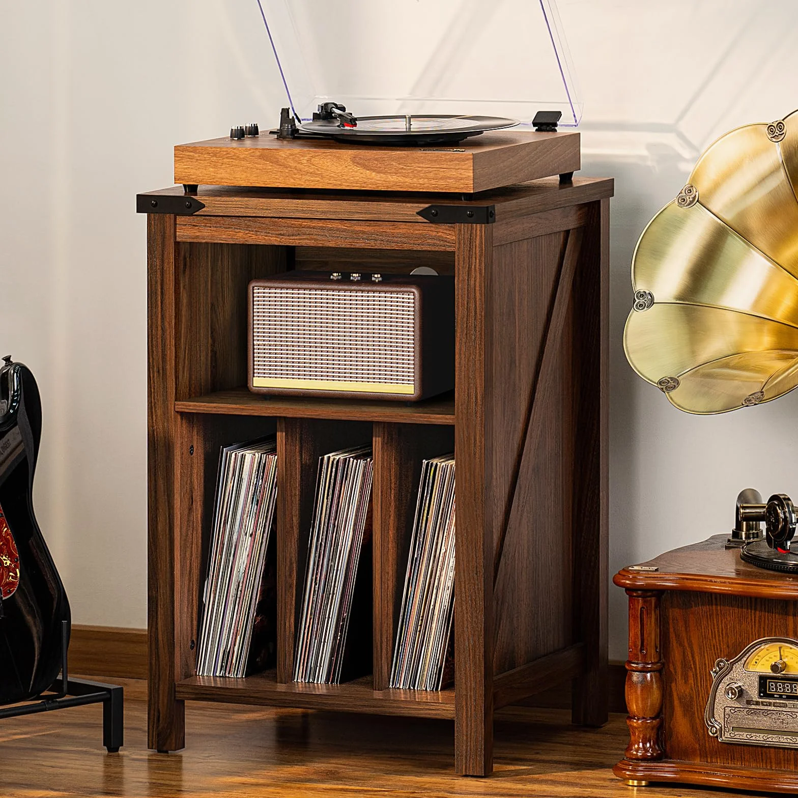 Soporte Giratorio con Soporte de Discos de Vinilo, Mesa giratoria marrón Que sostiene hasta 160 álbumes, Gran Soporte de Tocadiscos de Madera para salón, Dormitorio, Oficina