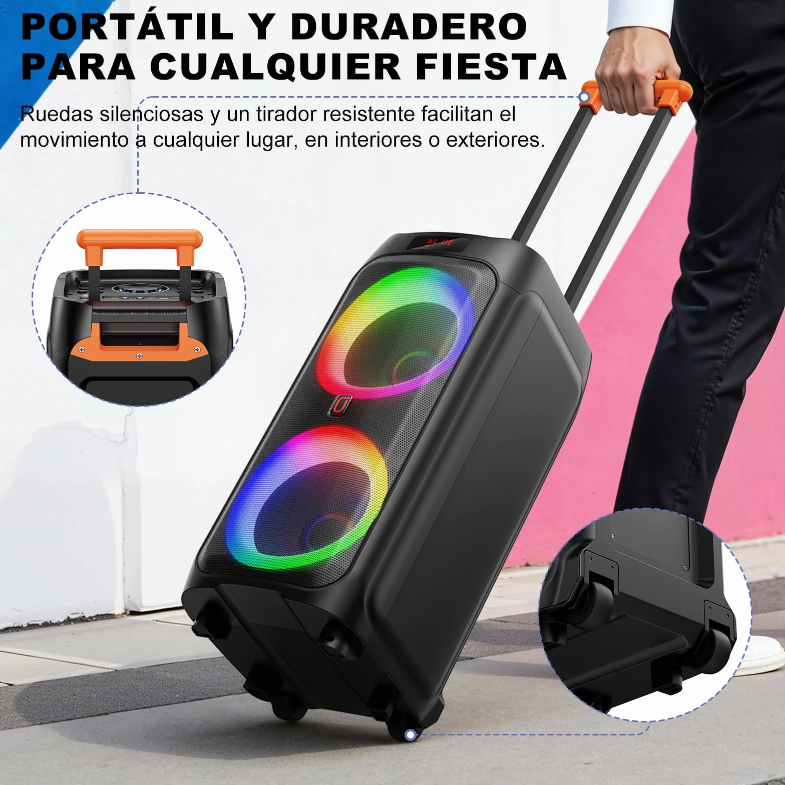 HWWR Karaoke con 2 Micrófonos Inalámbricos para Adultos,8" Altavoz Bluetooth Grande para Fiestas con 500W de Pico de Potencia, Ruedas Rodantes y Carro, Sistema PA con Luz LED Disco para Fiesta en casa