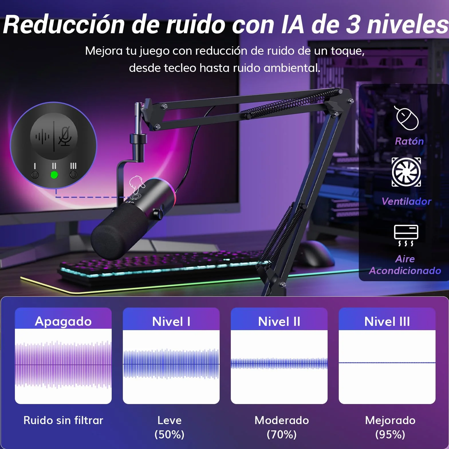 TONOR Microfono de Gaming Dinámico para PC, Micrófono Cardioide Streaming XLR/USB con Brazo para Podcast/Estudio, Cancelación de Ruido IA,RGB Controlable,Conector Auriculares 3,5 mm,Negro,TD510 AIR H+