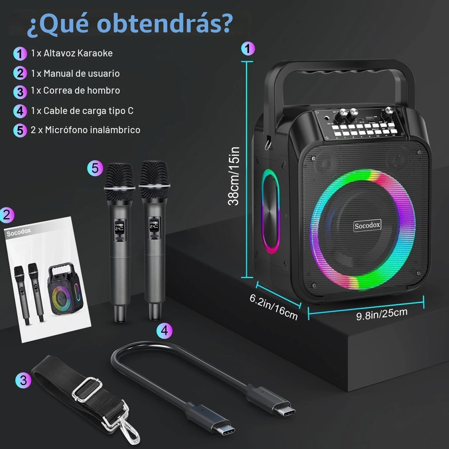 Máquina Karaoke,Altavoz Bluetooth Portátil con 2 Micrófonos Inalámbricos,Batería de 6000 mAh,Playtime 8H,Estéreo TWS,Luces RGB, Sistema Pa Dual Bass Boost para Adultos,Niños,Fiestas,Canto,DJ
