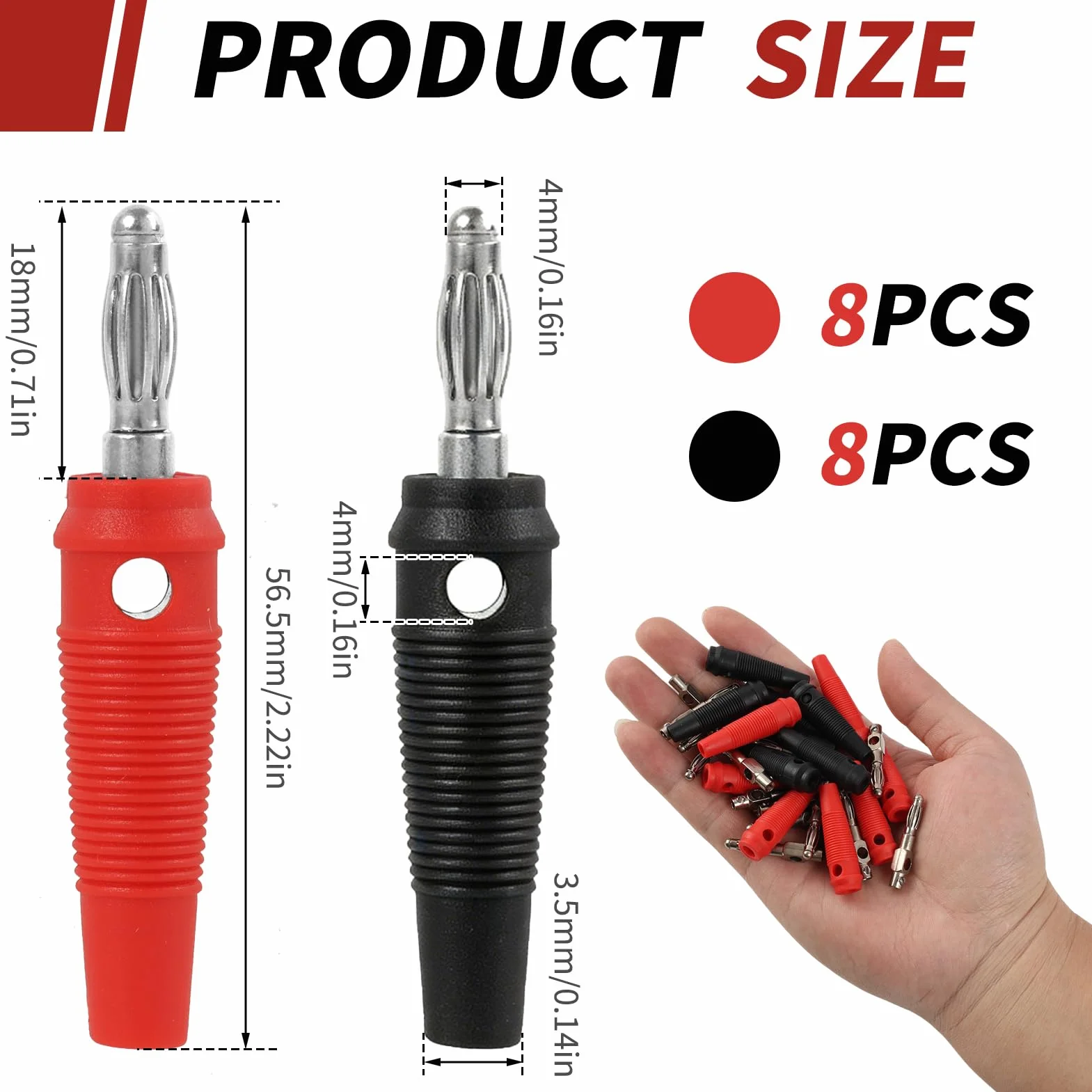 Conectores Banana 4mm Funda Goma Suave, 8 Rojos 8 Negros, Hierro Niquelado, para Altavoces sin Soldadura