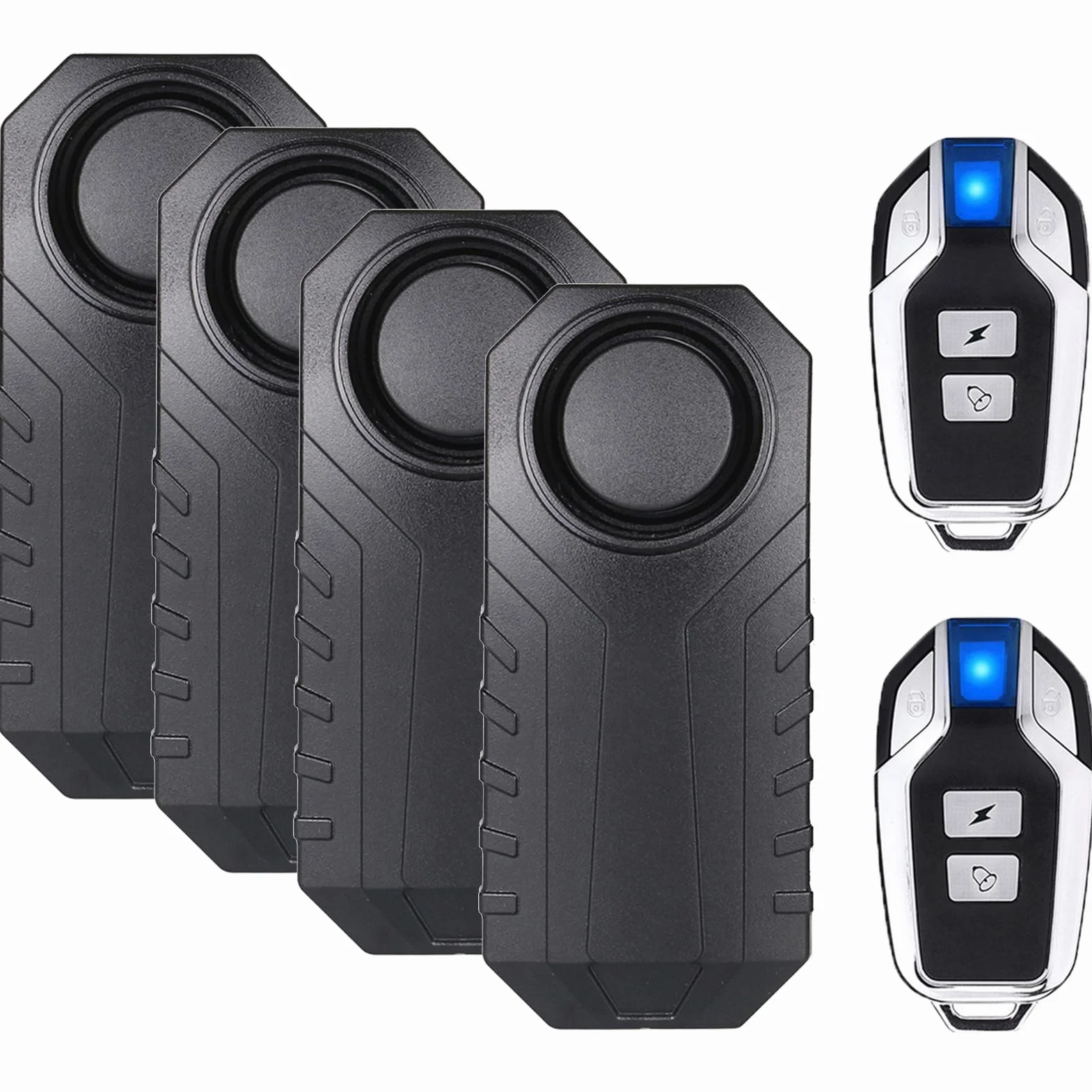 Mengshen Alarma Bicicleta Mejorada 113dB Loud Impermeable Inalámbrico Moto Alarma con Sensor Movimiento Vibración Antirrobo Remoto para la Seguridad Ciclismo (4 sensores con 2 mandos a Distancia)