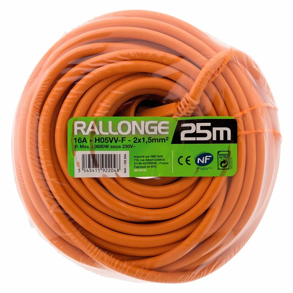 Alargador de Corriente 16A HO5VV-F 2x1,5mm² 3680W 230V 25m Naranja