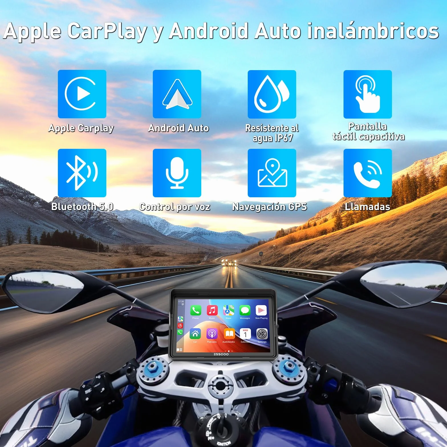 ESSGOO CarPlay para la mayoría de Las Motocicletas, con Soporte en U, inalámbrico CarPlay/Android Auto, Pantalla de 5" Impermeable, Audio Bluetooth, navegación GPS, Siri/G-oogle Asistente