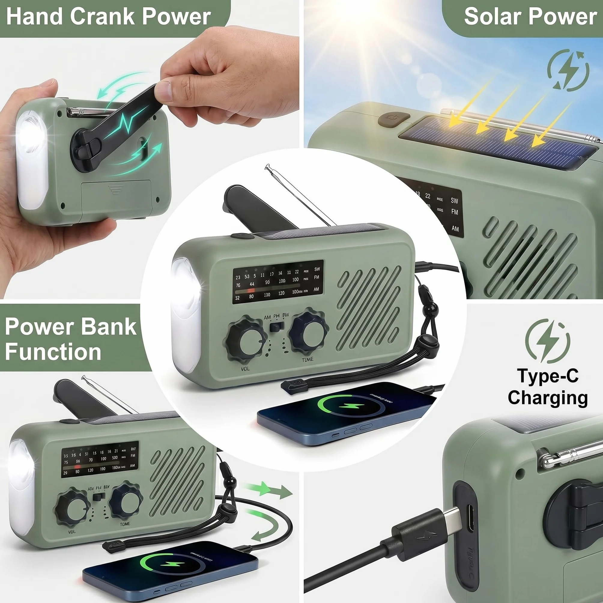 Radio de Emergencia Solar y Manivela, Radio FM/Am Portátil con Linterna LED, Luz de Lectura y Powerbank 2000mAh – Ideal para Cortes de Luz, Camping, Acampada y Regalos para Hombre