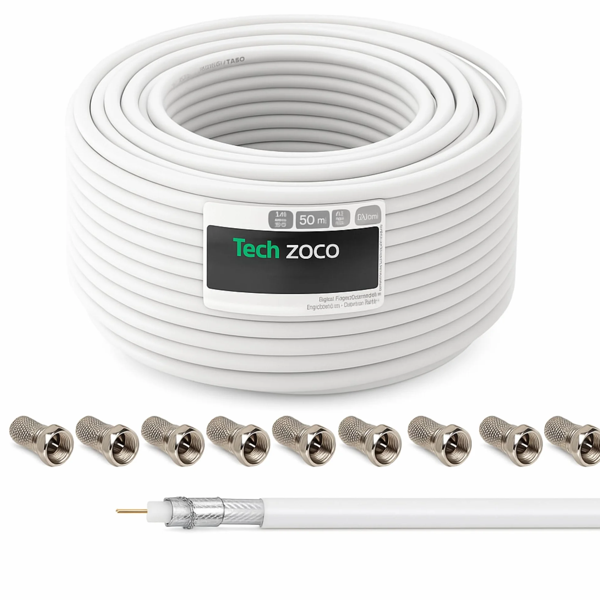 TECHZOCO Cable Coaxial SAT, Cable Antena TV 90 dB, Cable televisión Doble apantallamiento, Compatible con DVB-S/S2, DVB-T/T2, DVB-C/C2, 4K 1080p, Incluye 10 conectores F, Blanco, 25 Metros