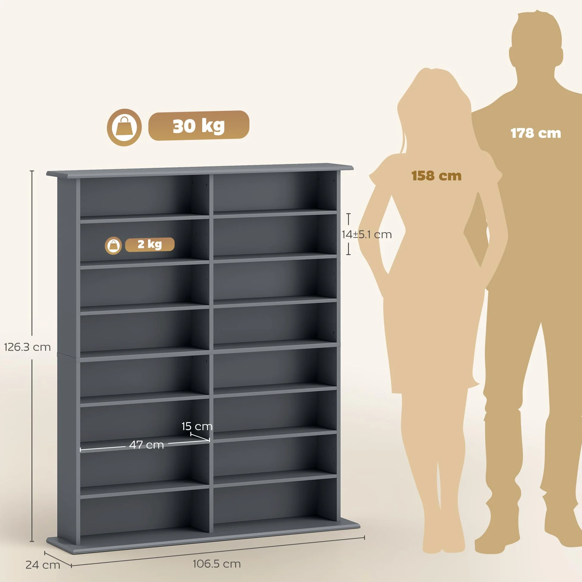 HOMCOM 720 CD/396 DVD Storage Unit, 396 Blu-ray Media Storage Shelf with 16 Compartments and 12 Adjustable Shelves, CD Tower for Living Room, Bedroom, Office, Gris