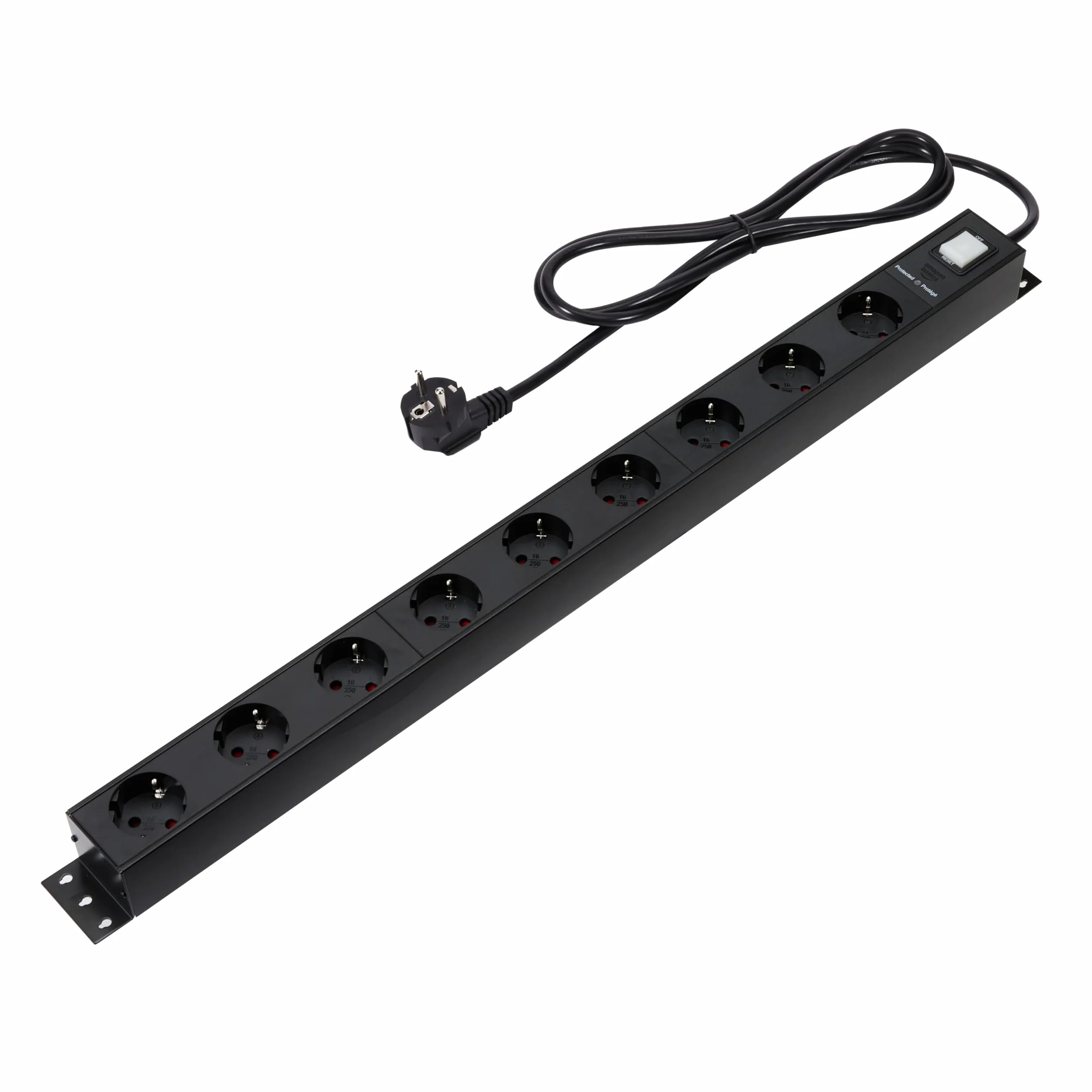 Amazon Basics Regleta de Alimentación Rectangular de Metal Resistente a Sobretensiones con Protectores de Seguridad, 9 Tomas de Corriente (Enchufe de la UE), 600 Julios, Cable Negro de 1,8 m