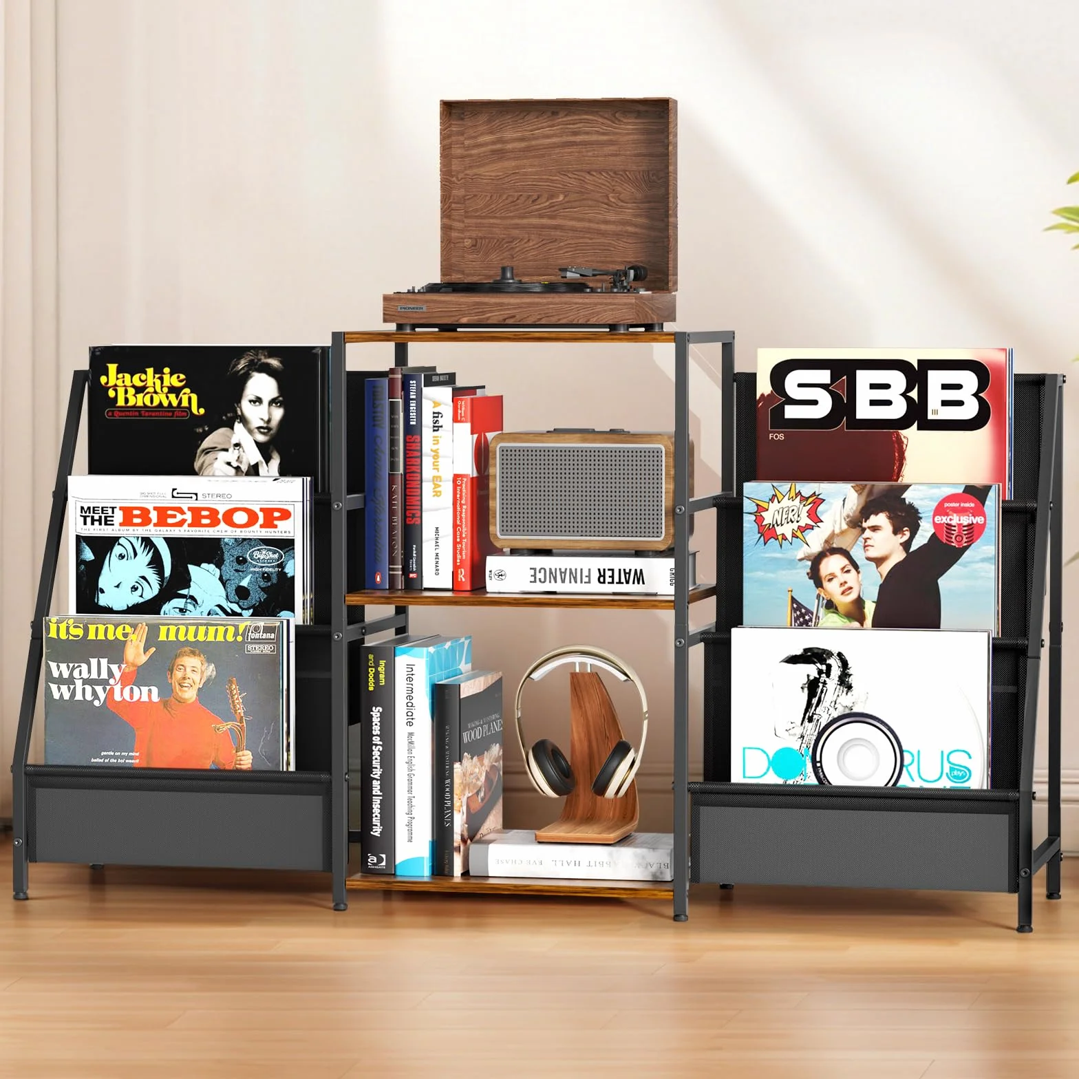 Soporte tocadiscos, mesa auxiliar de 3 niveles, almacenamiento de discos de vinilo de hasta 200 álbumes, 123 x 30 x 73 cm, soporte de mesa giratoria para la visualización y almacenamiento en