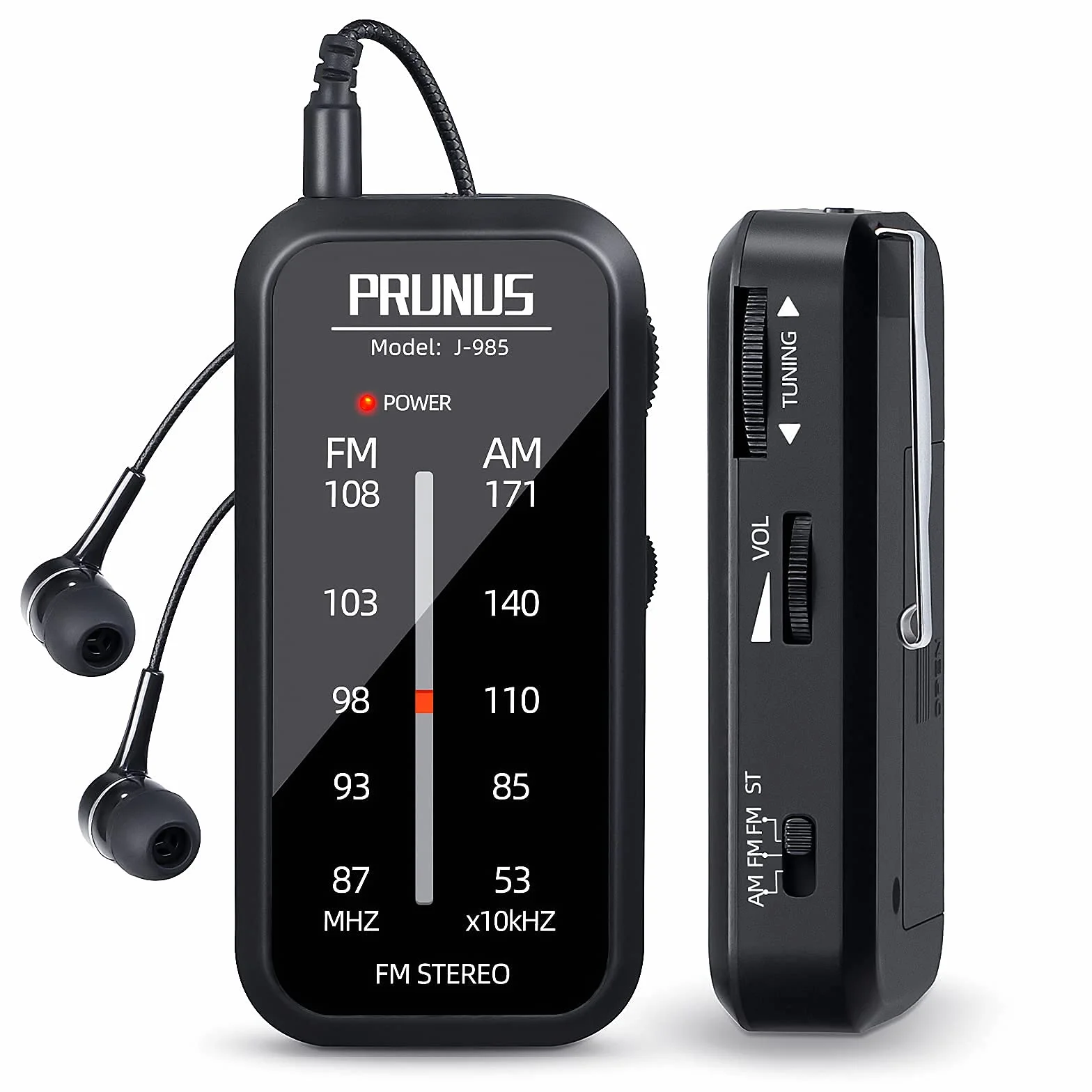 PRUNUS J-985 Transistores Radio Bolsillo FM/Am, Radio Portatil Pequeña con Auriculares (Estéreo en Modo de FM-ST), Radio Pilas Pequeña Funciona con 2 Pilas AAA, Clip Trasero, para caminar y Viajar.