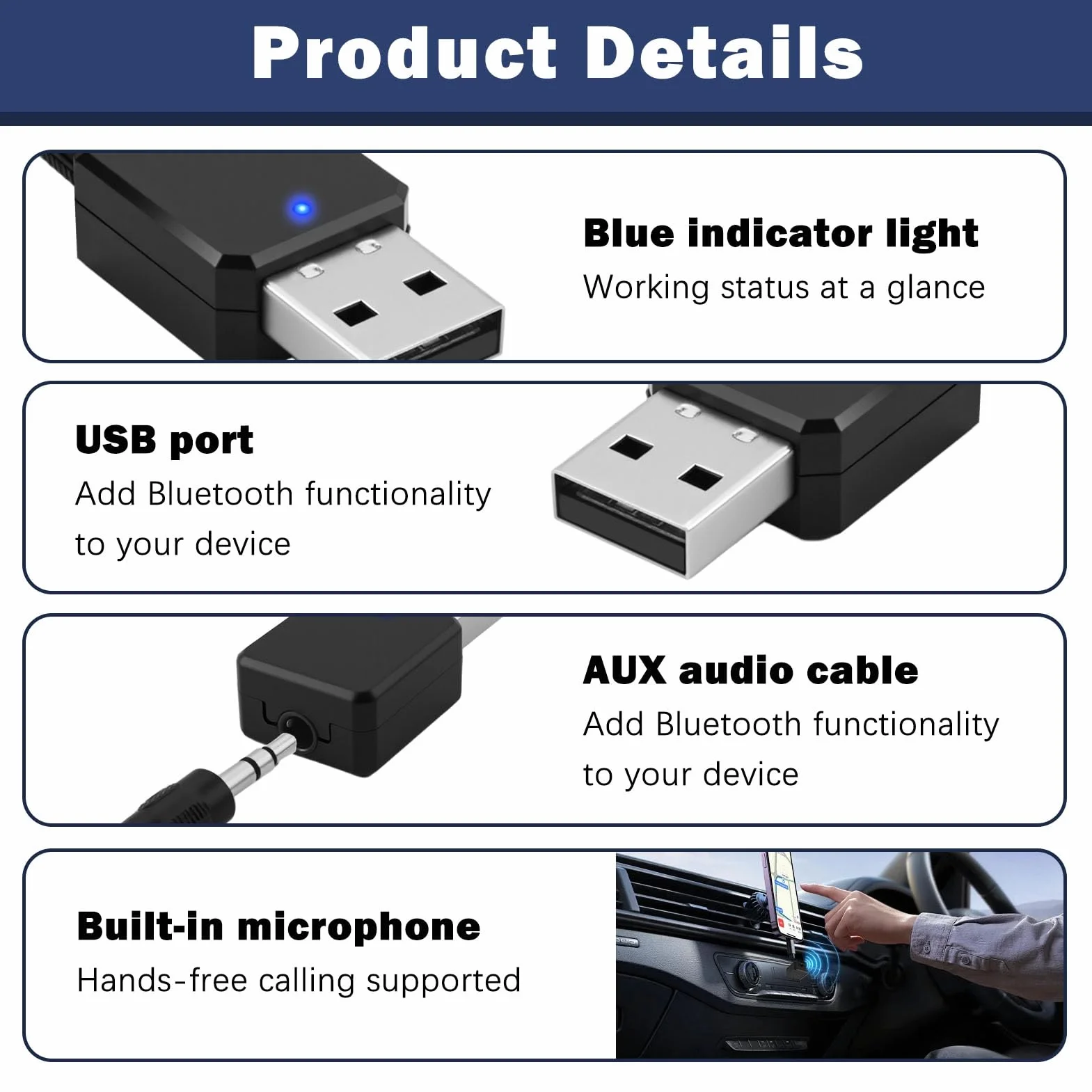 Adaptador Bluetooth USB para Coche con AUX, Receptor Audio Inalámbrico Blue Tooth 5.1, Bluetooth Auto para Música sin Cables, Compatible con Android Auto y CarPlay, Cable Jack 3.5mm