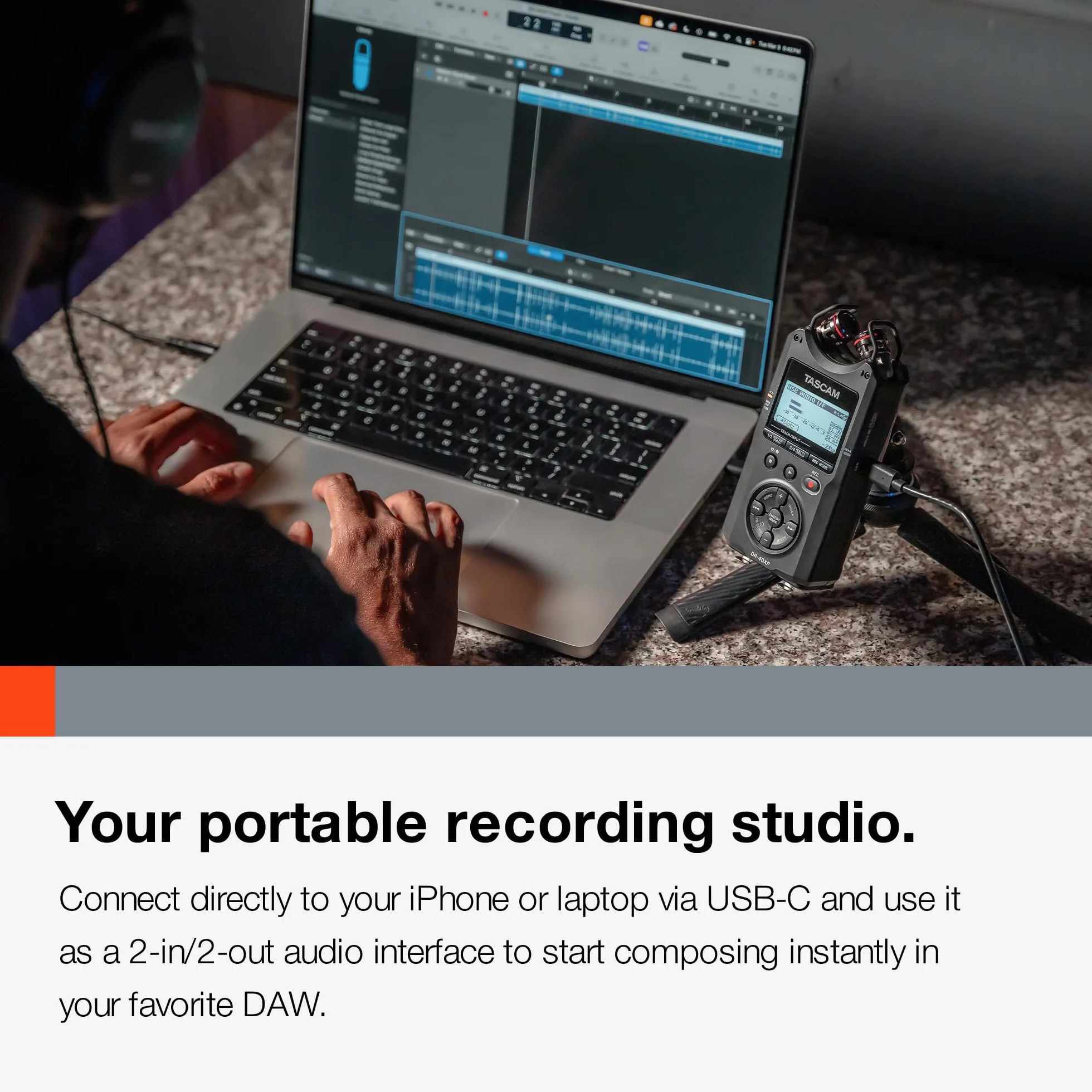 TASCAM DR-40XP - Grabadora portátil de campo de mano flotante de 4 canales de 32 bits e interfaz de audio USB-C, con 2 entradas XLR/TRS y micrófonos ajustables para música, audio para video y