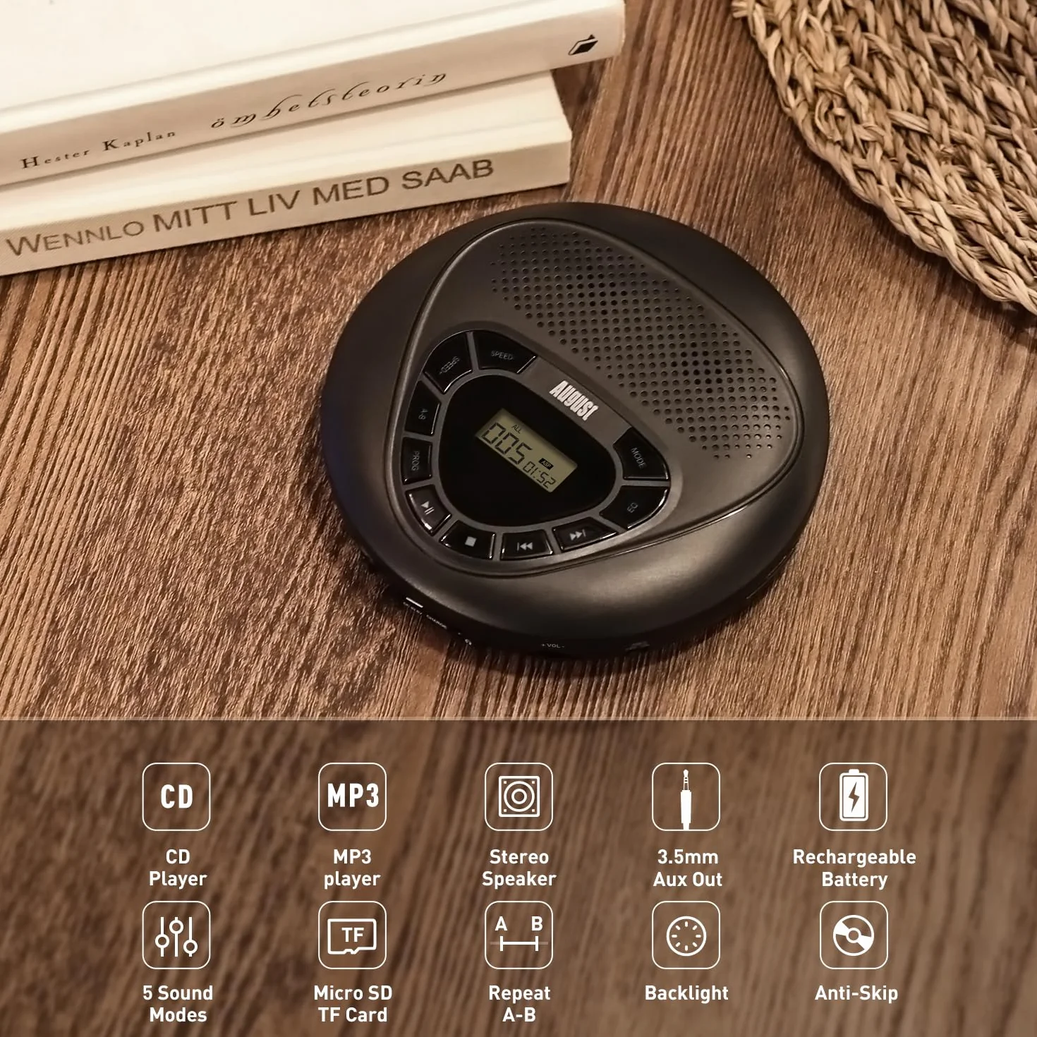 August SE10 Reproductor de CD Portátil con MP3, Batería Recargable, AUX, Anti-Shock