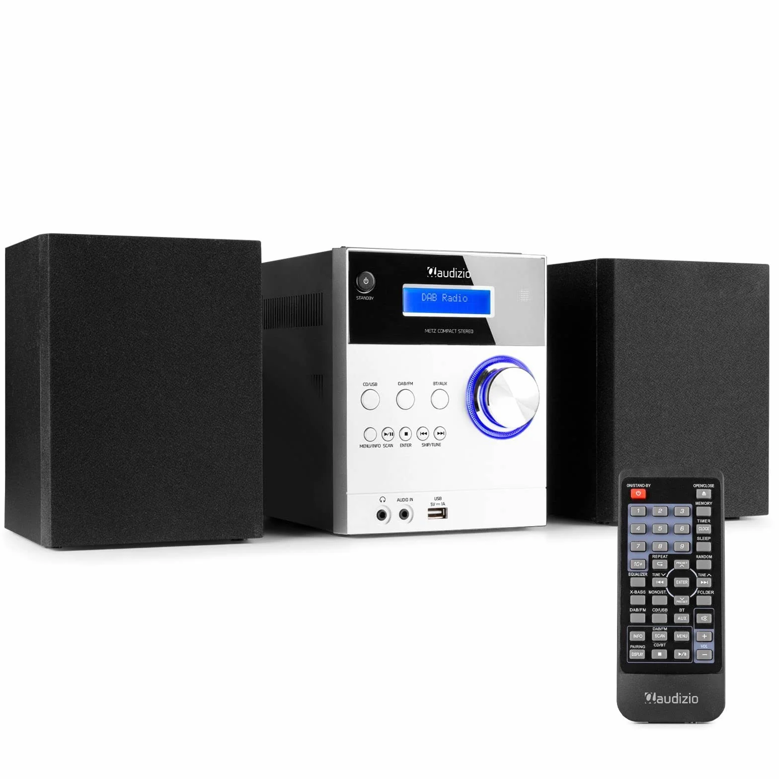 Audizio Metz Equipo de música HiFi con Altavoces, Minicadena con Radio Dab+, Bluetooth, Reproductor de CD, Entrada USB, Entrada Auxiliar, Incluye Mando a Distancia, Mini Cadena Color Aluminio