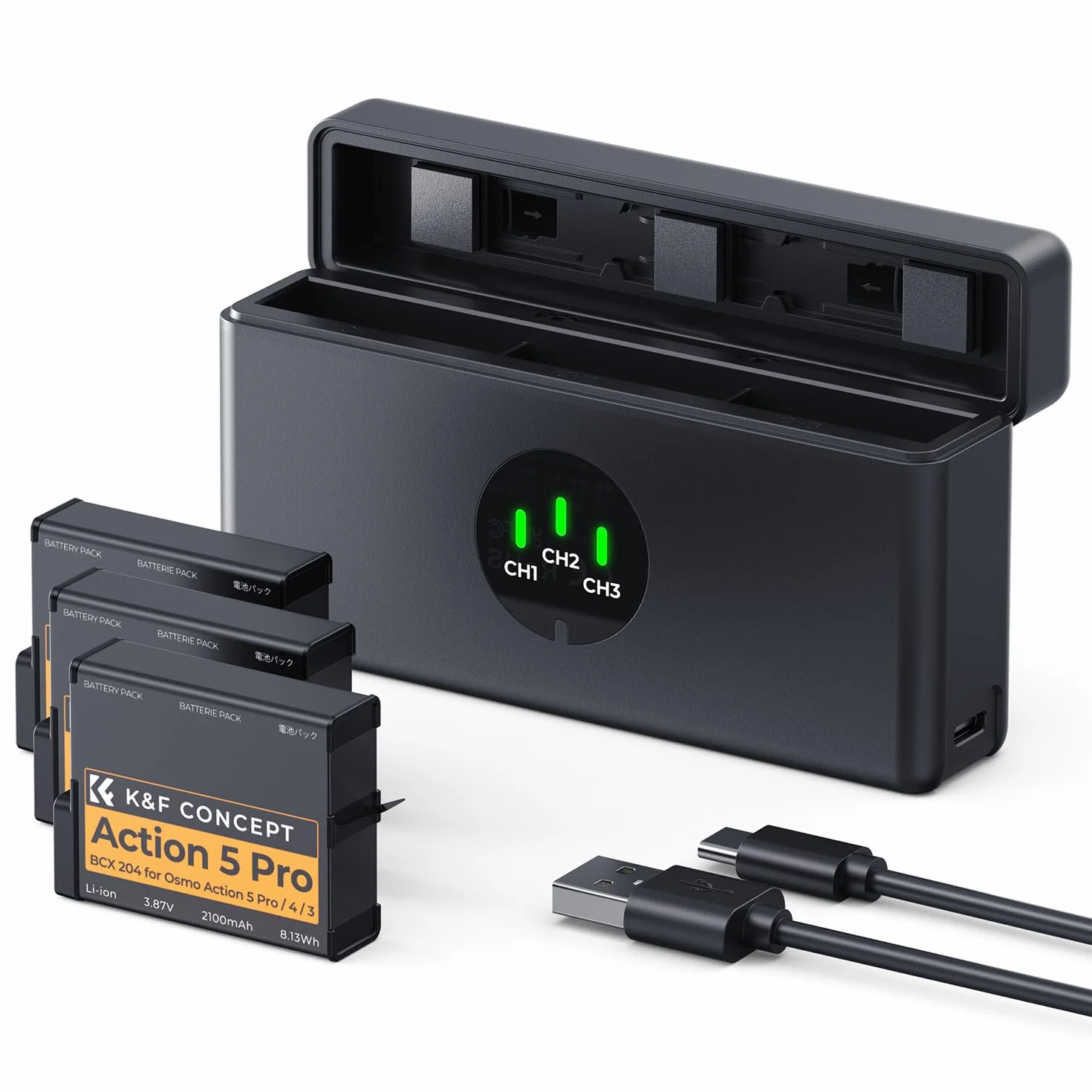 K&F CONCEPT OSMO 360 3x2100mAh Batería y Cargador Compatibile con dji OSMO Action 5 Pro, Action 6, Action 4, Action 3, Cámaras OSMO 360