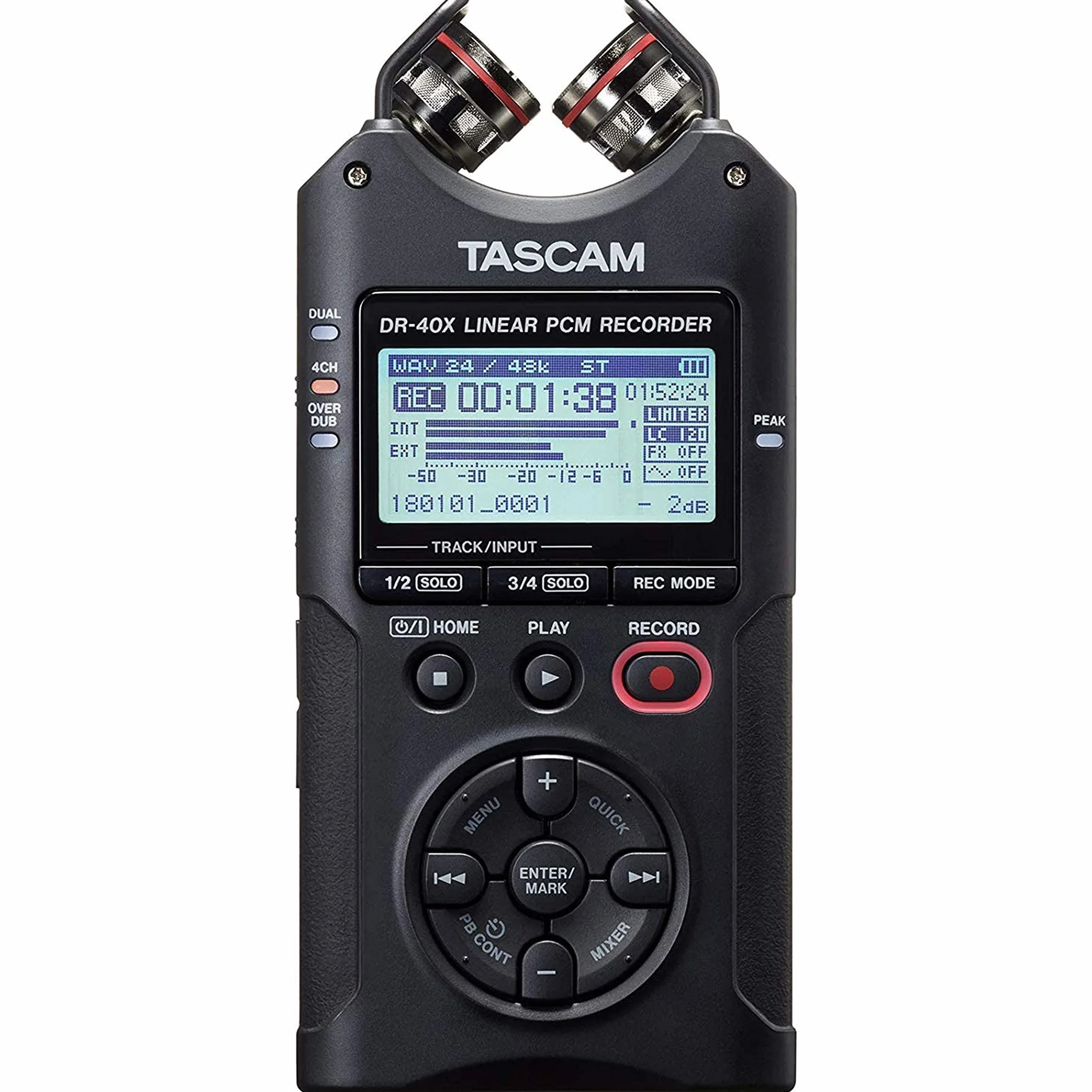 TASCAM DR-40X - Grabadora portátil de campo de 4 pistas, 2 entradas XLR/TRS, interfaz de audio USB, micrófonos ajustables dobles para grabación estéreo/multipista de música, audio para video y