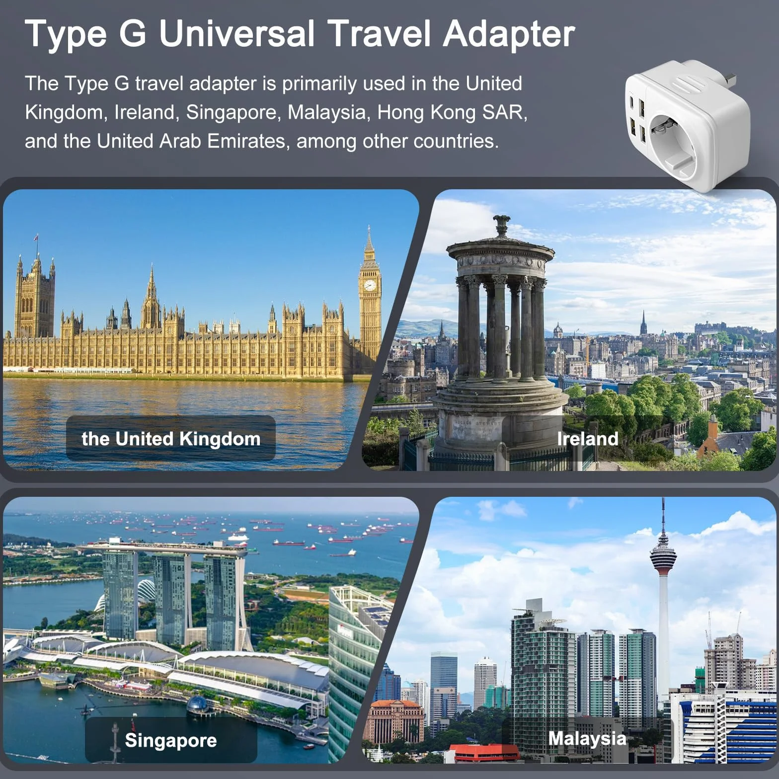 Hoppac 5 en 1 Adaptador Enchufe UK Tipo G con 3 USB A y 1 USB C para Viajes