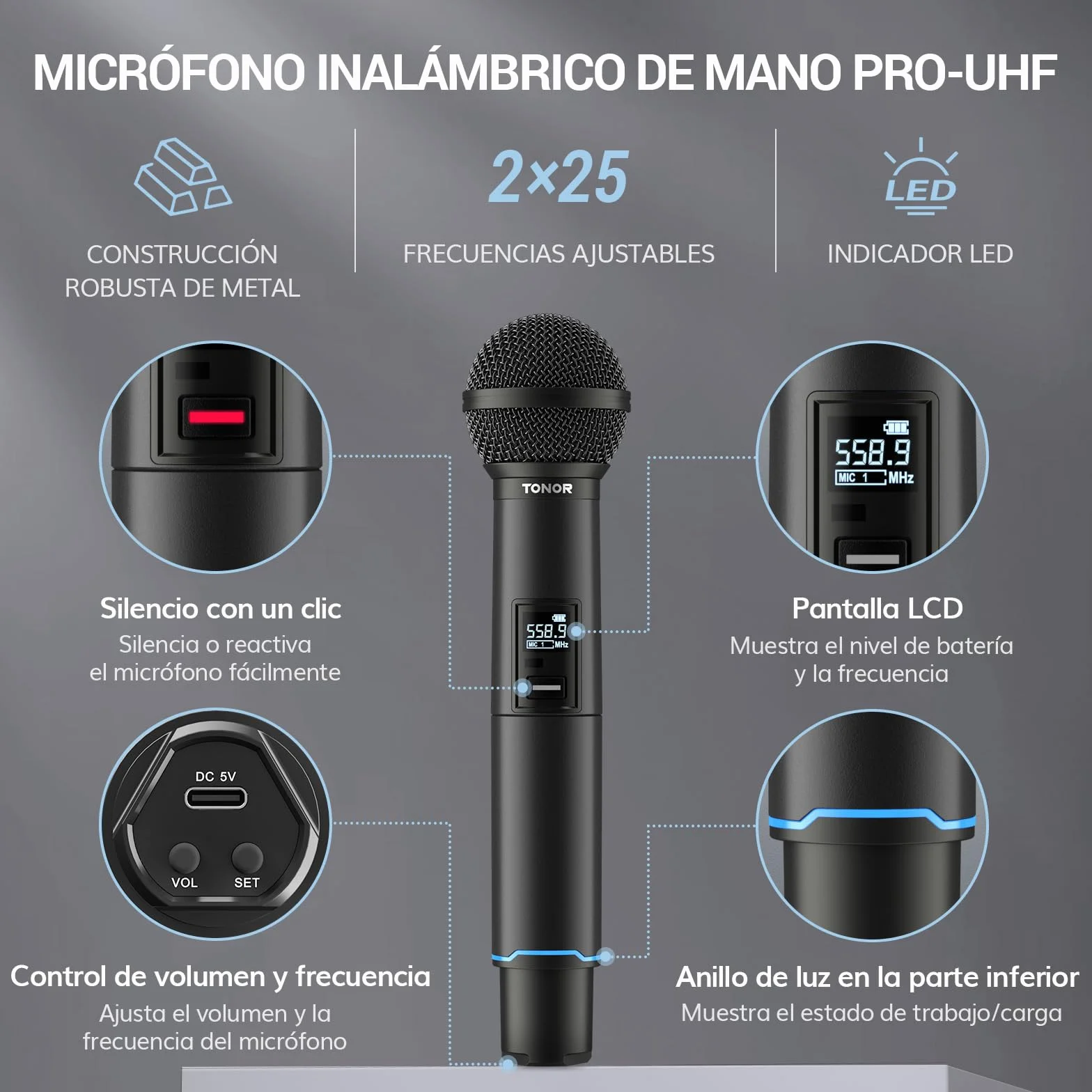 TONOR Micrófono Inalámbricos, Micrófono Metálico Dinámico de Mano Recargable, Receptor de Entrada Bluetooth Auto-Pair, 2x25 Frecuencias UHF,Clic para Silenciar, para Canto/DJ/Boda/Iglesia,100 M, TW720