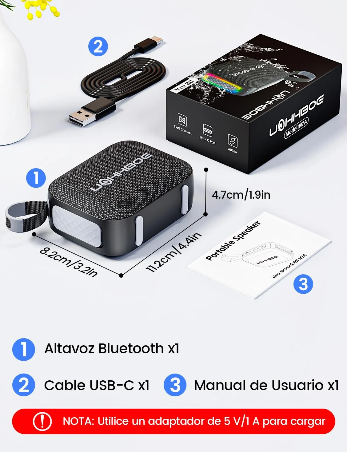 UOHHBOE Altavoz Bluetooth 6.0 20W Potente con Luz LED, TWS, IPX5 Impermeable, 24 Horas, Portátil