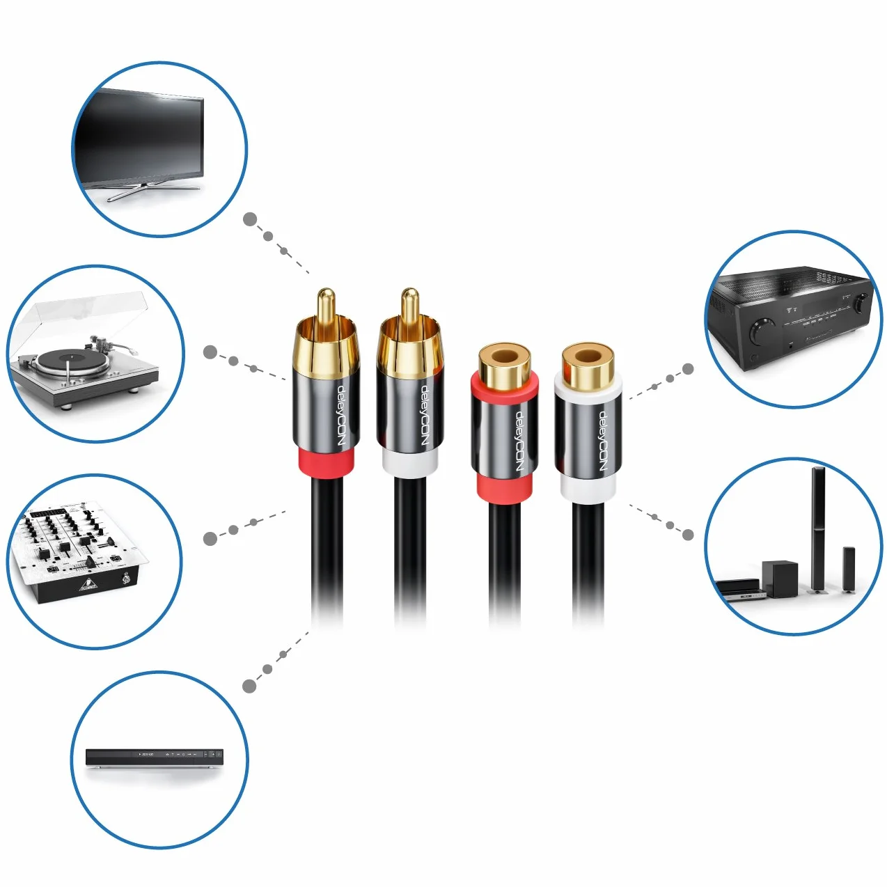 deleyCON 15m Cable Extensión Audio Estéreo Cinch RCA 2x Conector a 2x Hembra Metálicos Dorados Negro