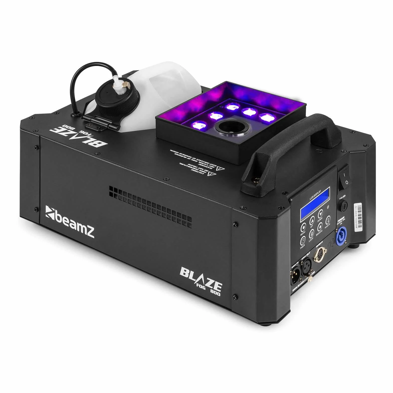 BeamZ BLAZE800 máquina de humo profesional 800W con 12 LED RGBA, control DMX 8 canales, doble emisión vertical/horizontal, tanque 2,8L, mando a distancia incluido