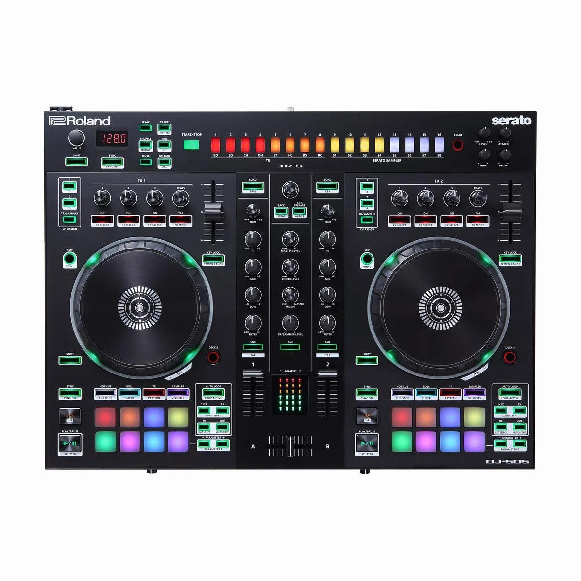 Controlador de DJ Roland DJ-505 — Dos canales y Deck Select para hasta cuatro decks — Controlador de DJ de gama alta en formato compacto