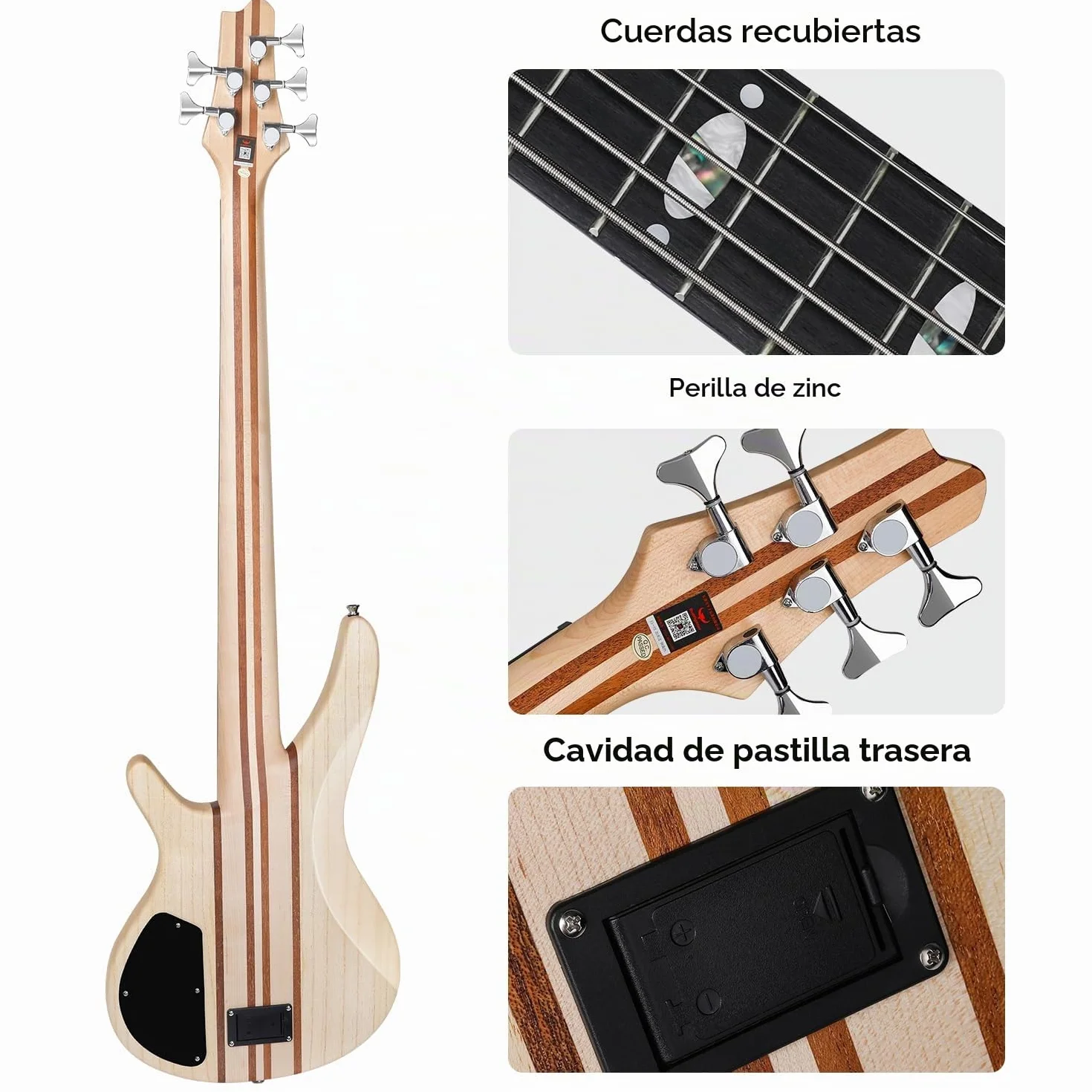Bajo eléctrico 5 cuerdas de tamaño completo P bass kit para principiantes negro con bolsa de concierto, correa de guitarra y cable de guitarra (5s)