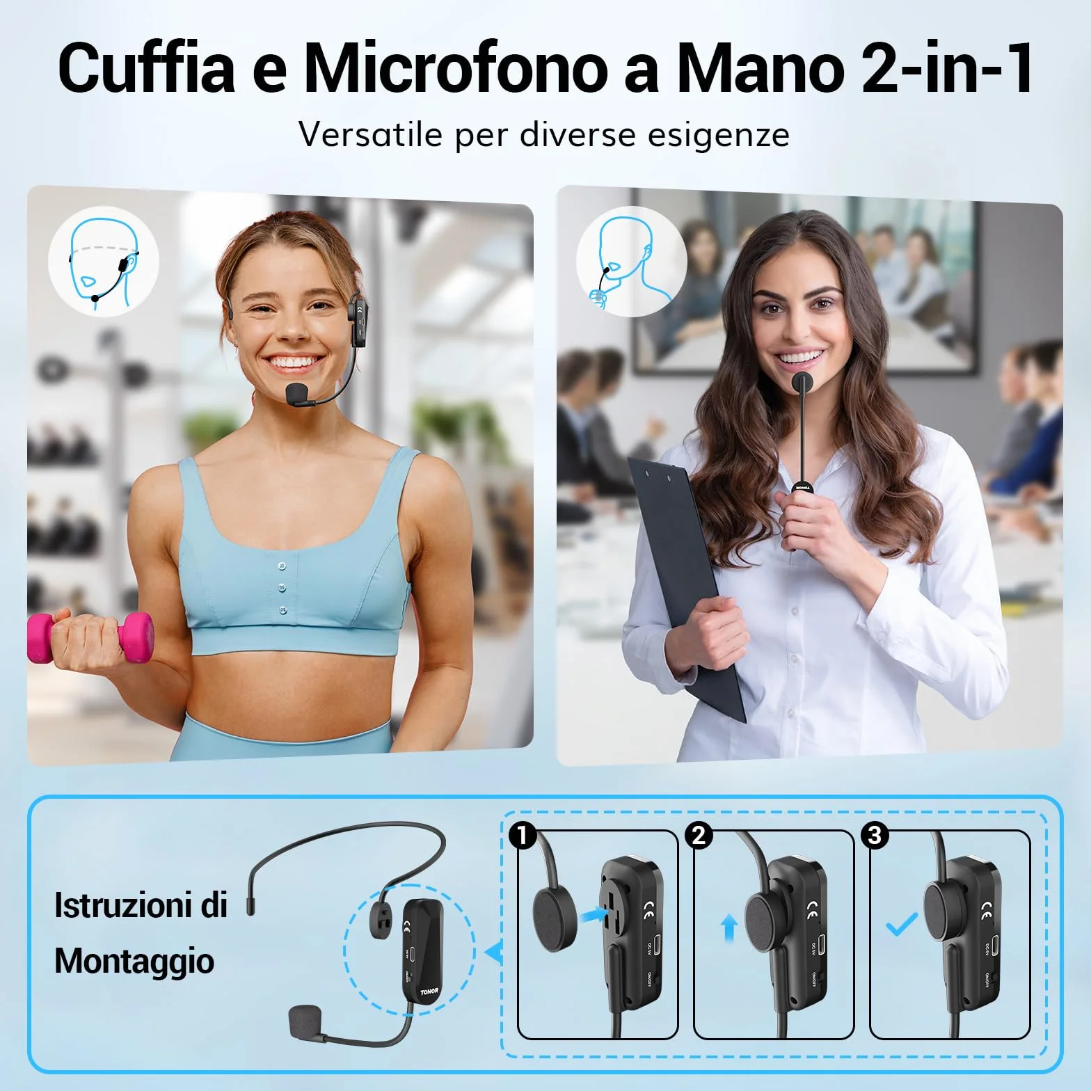 TONOR Microfono Inalambrico Diadema, UHF Wireless Micrófono de Mano y para la Cabeza 2 en 1, 20 Canales,6.5H Autonomia, Amplificador de Voz Portatil para Fitness/Conferencias/Guía Turístico/Profesores