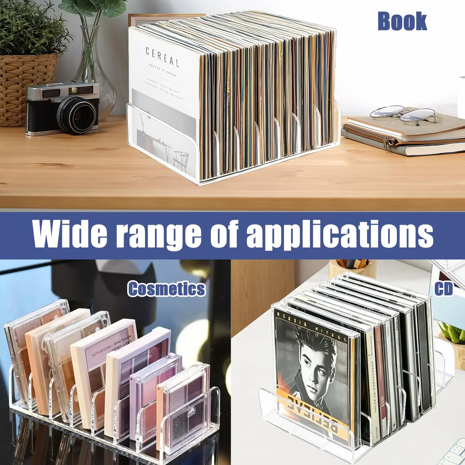 Organizador transparente para CD/DVD de acrílico – Conjunto de 4 piezas – Almacenamiento para CDs, DVDs, cintas, cintas de juegos y libros – Diseño elegante con soporte estable para una presentación