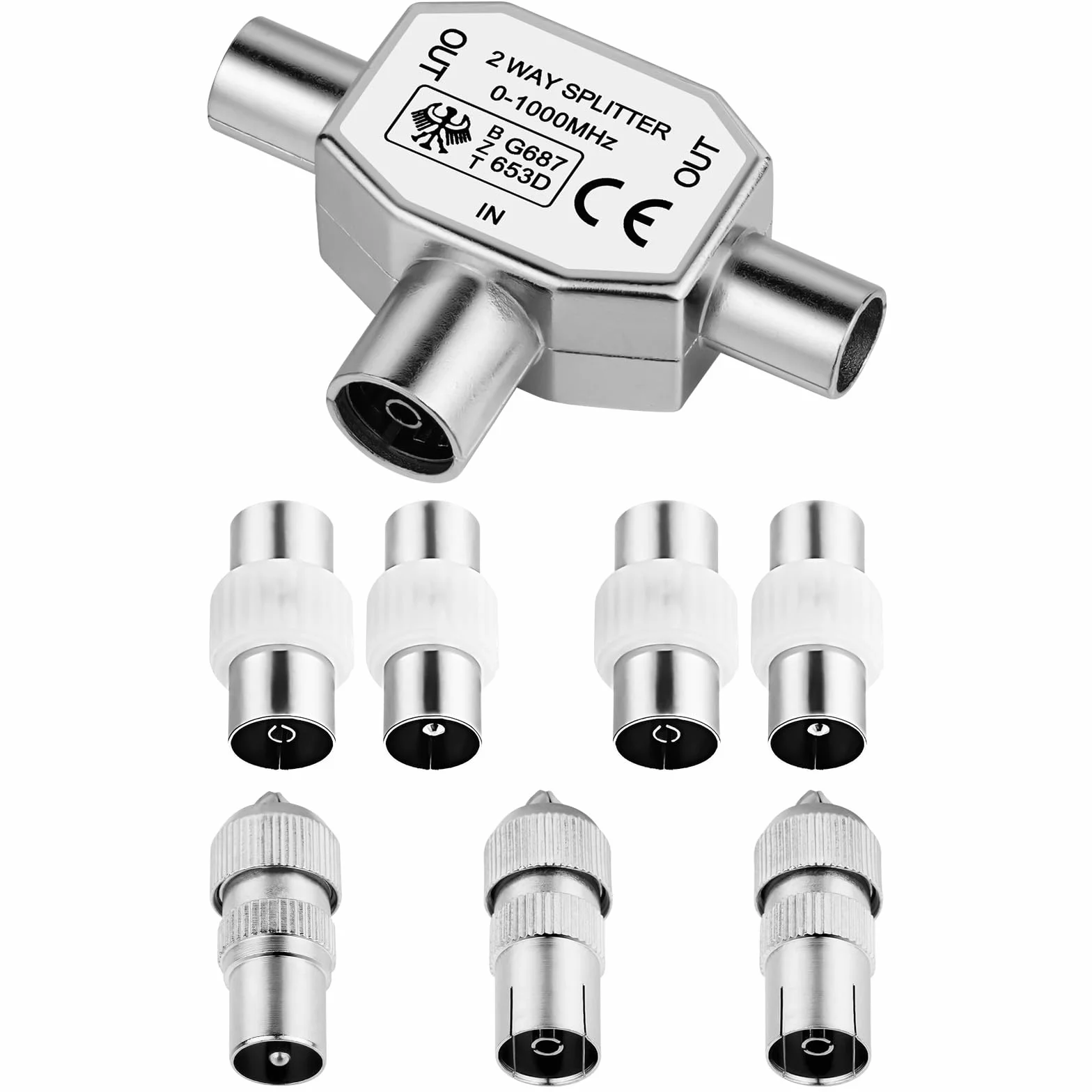 AXFEE Juego de 8 distribuidores de antena, 1 adaptador en T + 1 conector coaxial para TV digital