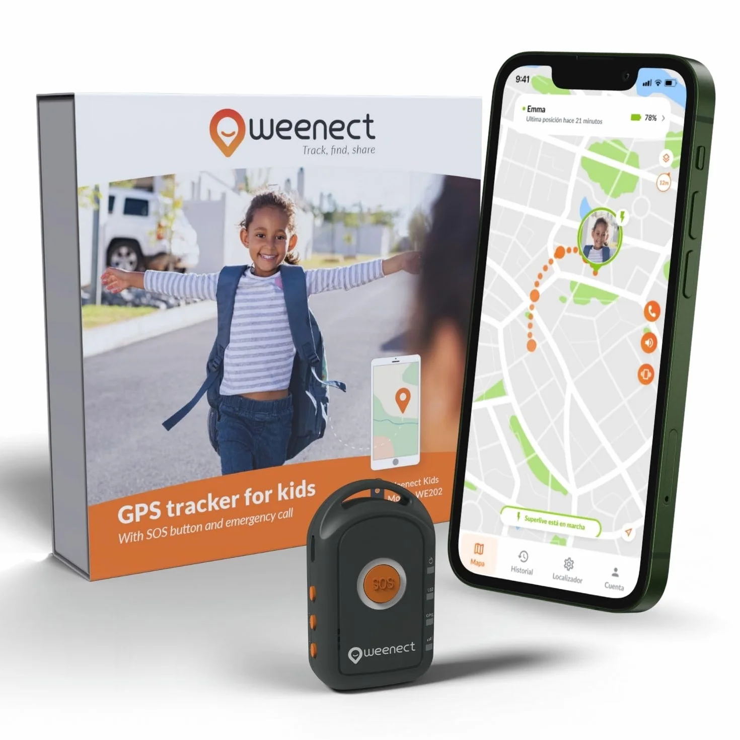 Weenect - GPS para niño | Sin límite de Distancia | 7 días de autonomía | Botón de Alerta | Teléfono de urgencia | 2G | Funciona con suscripción