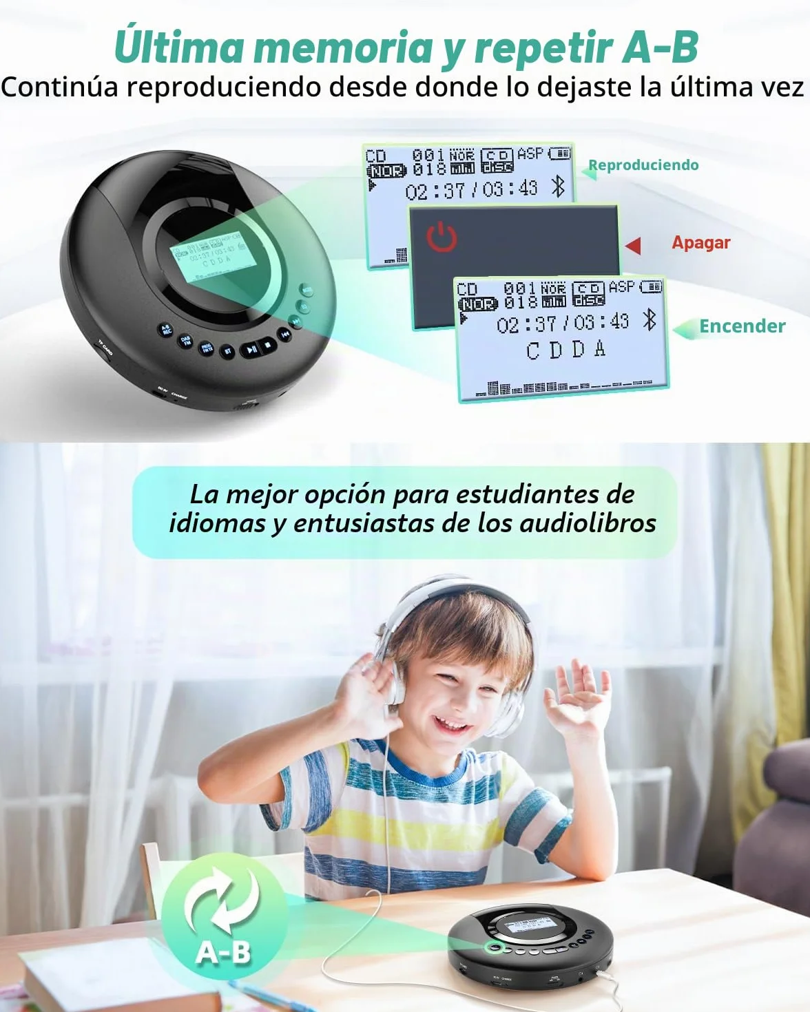 Reproductor de CD portátil con Bluetooth, Radio DAB+/FM, Discman, CD-R/RW, Batería 2000 mAh, Negro