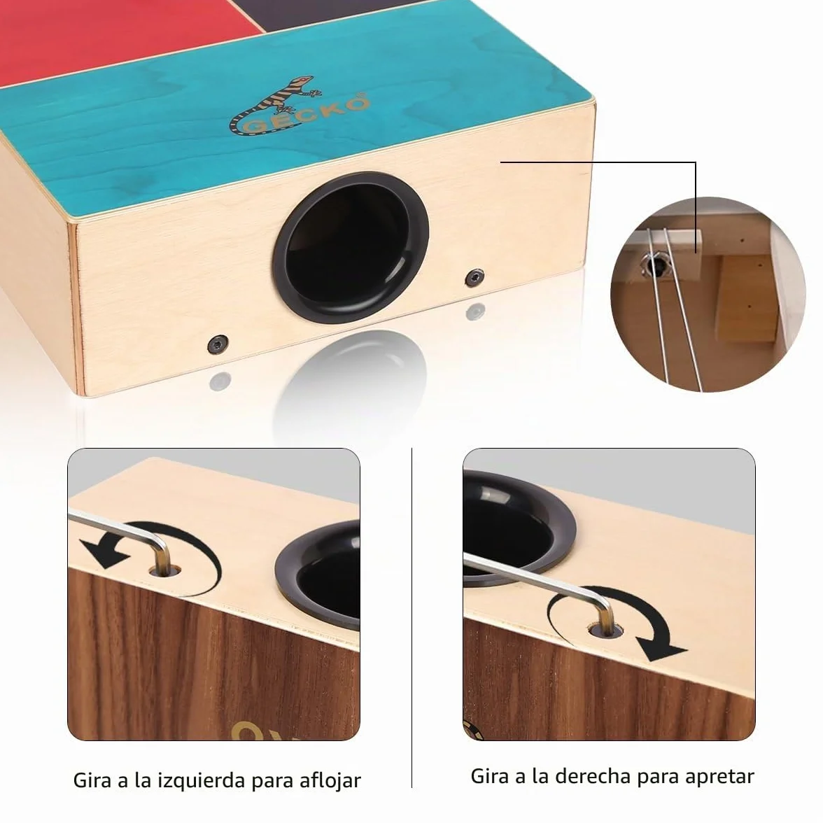 GECKO Cajón de tambor de doble cara de madera con sonidos de bongo y cuerdas de guitarra, percusión manual portátil para principiantes y bateristas profesionales, de abedul y nogal, incluye bolsa de