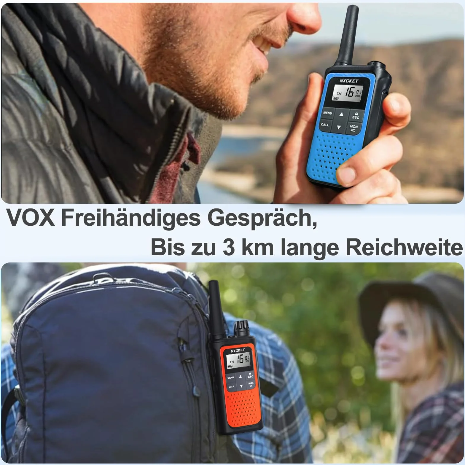 Walkie Talkie Profesional Recargable, NXGKET 3pcs PMR 446 Sin Licencia Radiocomunicación Largo Alcance con Batería Incorporada,16 Canales Radio LCD Pantalla y Luz LED para Camping