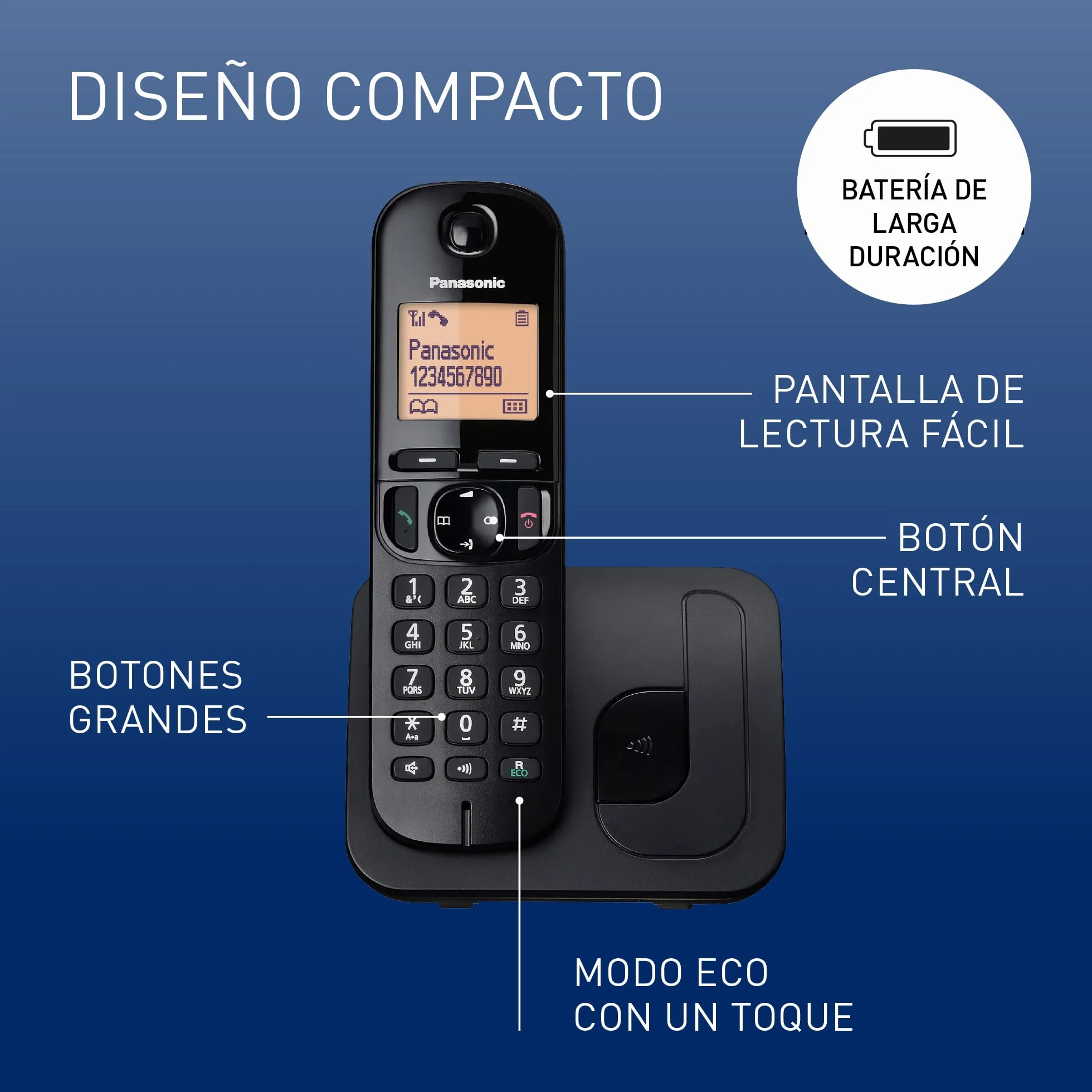 Panasonic KX-TGC210 Teléfono fijo inalámbrico LCD Identificador de llamadas Agenda 50 números Negro
