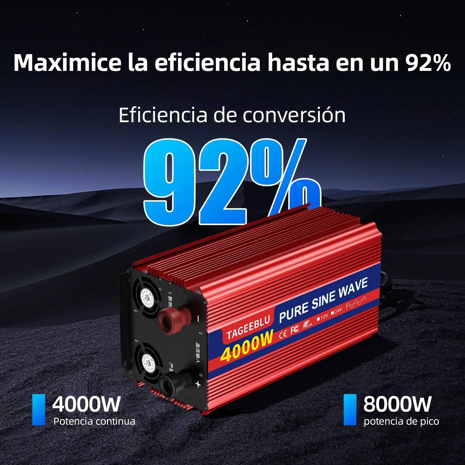 4000W Inversor 24v 220v Onda Pura, Transformador 24v a 220v camion con 2 AC Tomas, Pantalla LCD